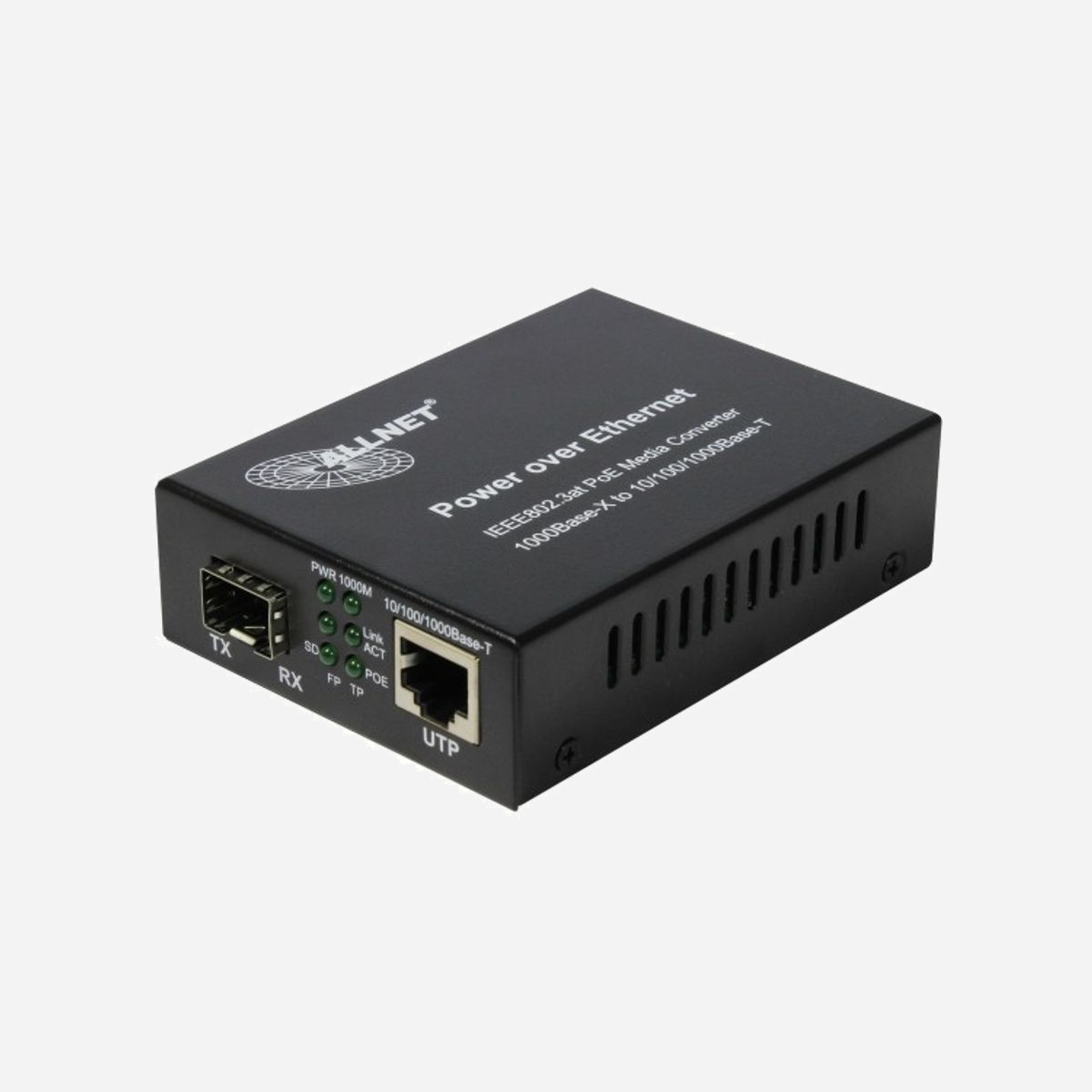 ALLNET Convertisseur Media Gigabit Ethernet ALL-MC202P-SFP1-POE, Ports RJ45 10/100/1000Base-T, Port MiniGBIC Multimode/Monomode, PoE 52V, 1.25A - ALLNET ALL-MC202P-SFP1-POE. Débit de transfert des données maximum: 1000 Mbit/s, Convertisseur d'interface d'entrée: 10Base-T, 100Base-TX, 1000Base-T, Interface de sortie du convertisseur: 1000Base-LX, 1000Base-SX. Structure du mode de fibre: Multimode, Monomode, Diamètres de câbles de ficre pris en charge: 9/125,50/125,62.5/125 µm. Couleur du produit: Noir. Connecteur de fibre optique: MiniGBIC, Technologie de connectivité: Avec fil. Tension de sortie: 52 V, Courant de sortie: 1,25 A