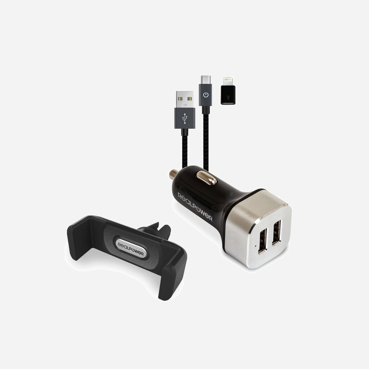 RealPower 168182 Chargeur Auto Smartphone 2x USB 2.0 2.4A Noir/Argent Câble Micro-USB 1m Allume-cigare CE/RoHS - RealPower 168182. Type de chargeur: Auto, Type de source d'alimentation: Allume-cigare, Compatibilité de chargeur: Smartphone, Quantité de Ports USB 2.0: 2. Longueur de câble: 1 m, Couleur du produit: Noir, Argent