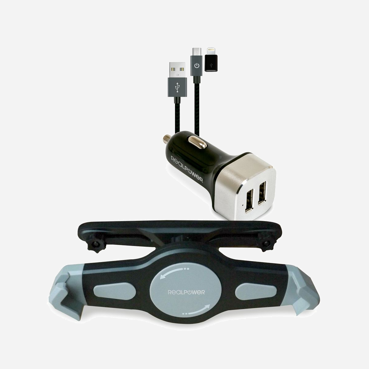 RealPower Kit Auto Tablette/UMPC Support Actif USB Charge Rapide, Fixation Pare-Brise ou Tableau de Bord, Orientation Portrait/Paysage, Noir/Argent, Incl. Câble Micro-USB - RealPower Tablet Car Set Zubehoer-Set fuer Tablets. Type d'appareil mobile: Tablette / UMPC, Type: Support actif, Usage adapté: Voiture, Couleur du produit: Noir, Argent