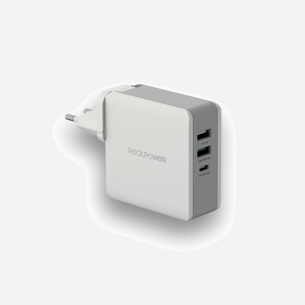 RealPower DeskCharge-65 Travel Chargeur Secteur Universel 65W Gris - 2x USB 3.2 Gen 1 Type-A, 1x USB Type-C, 9-20V, Fiches EU/UK/US incluses - RealPower DeskCharge-65 Travel. Type de chargeur: Intérieure, Type de source d'alimentation: Secteur, Compatibilité de chargeur: Universel. Tension de sortie (max): 20 V. Quantité de ports USB de type C: 1. Couleur du produit: Gris