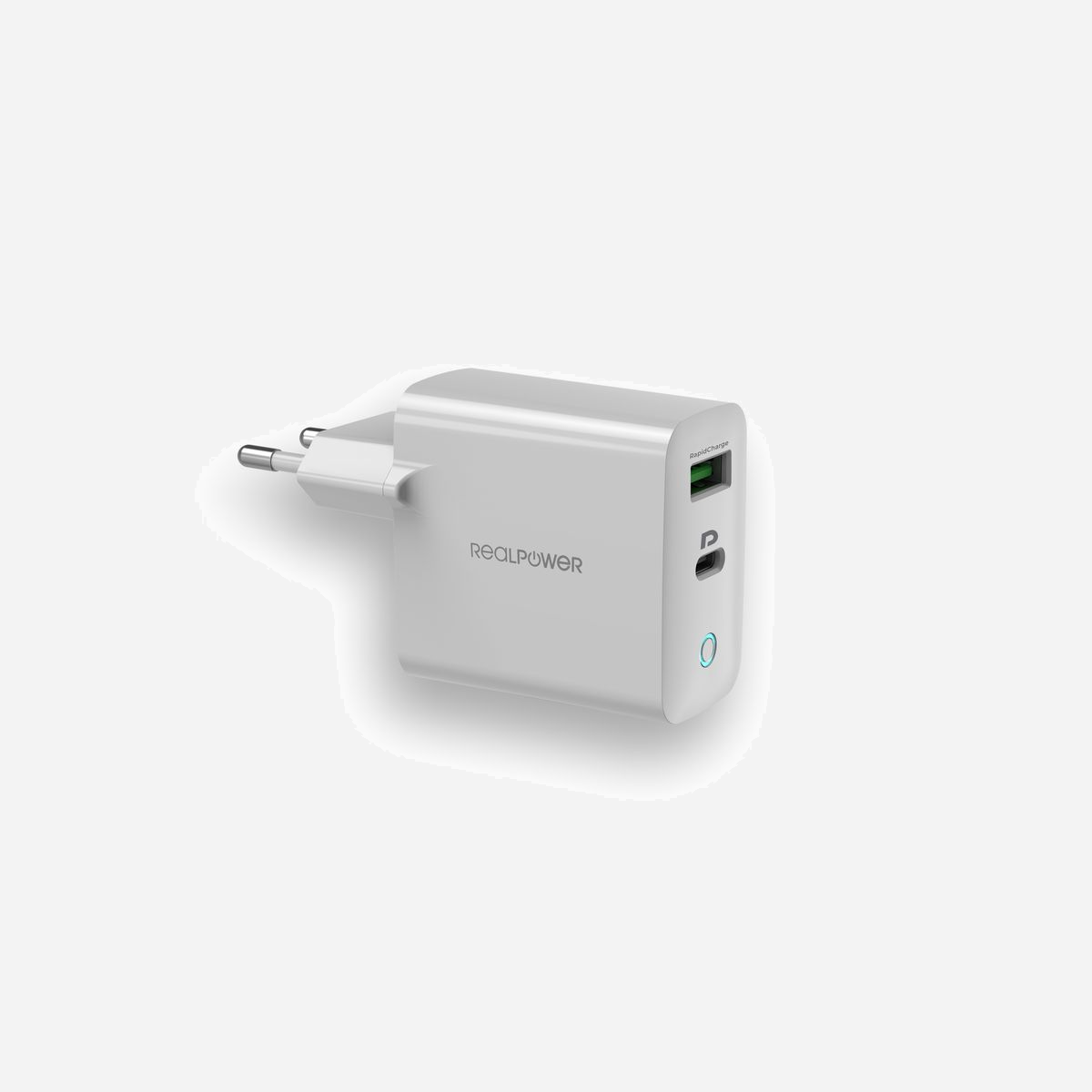 RealPower PC-20 Chargeur Secteur USB-A 3.2 Gen 1 + USB-C 20W Quick Charge pour Smartphone/Tablette, Protections Surtension/Surchauffe/Court-circuit, Blanc - RealPower PC-20. Type de chargeur: Intérieure, Type de source d'alimentation: Secteur, Compatibilité de chargeur: Smartphone, Tablette, Quantité de ports USB de type C: 1, Charge rapide, Dispositifs de protection électrique: Sur-alimentation, Surtension, Surchauffe, Court-circuit. Couleur du produit: Blanc