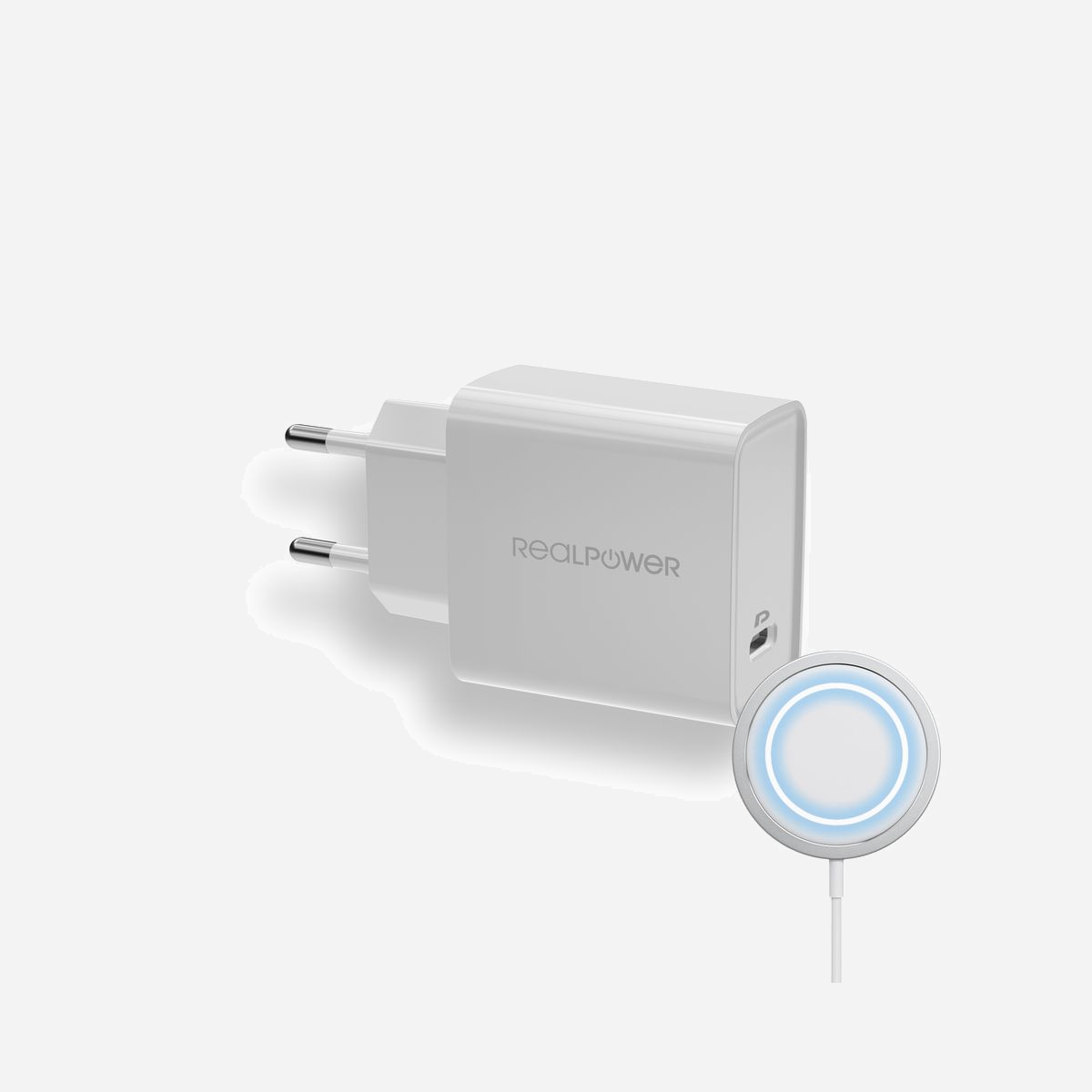 RealPower PC-MagSet Chargeur Secteur Universel 20W, Recharge Sans Fil, 1x USB-C, Blanc, 85x46.5x27.5mm, Certifié CE/RoHS - RealPower PC-MagSet. Type de chargeur: Intérieure, Type de source d'alimentation: Secteur, Compatibilité de chargeur: Universel, Quantité de ports USB de type C: 1, Recharge sans fil. Couleur du produit: Blanc