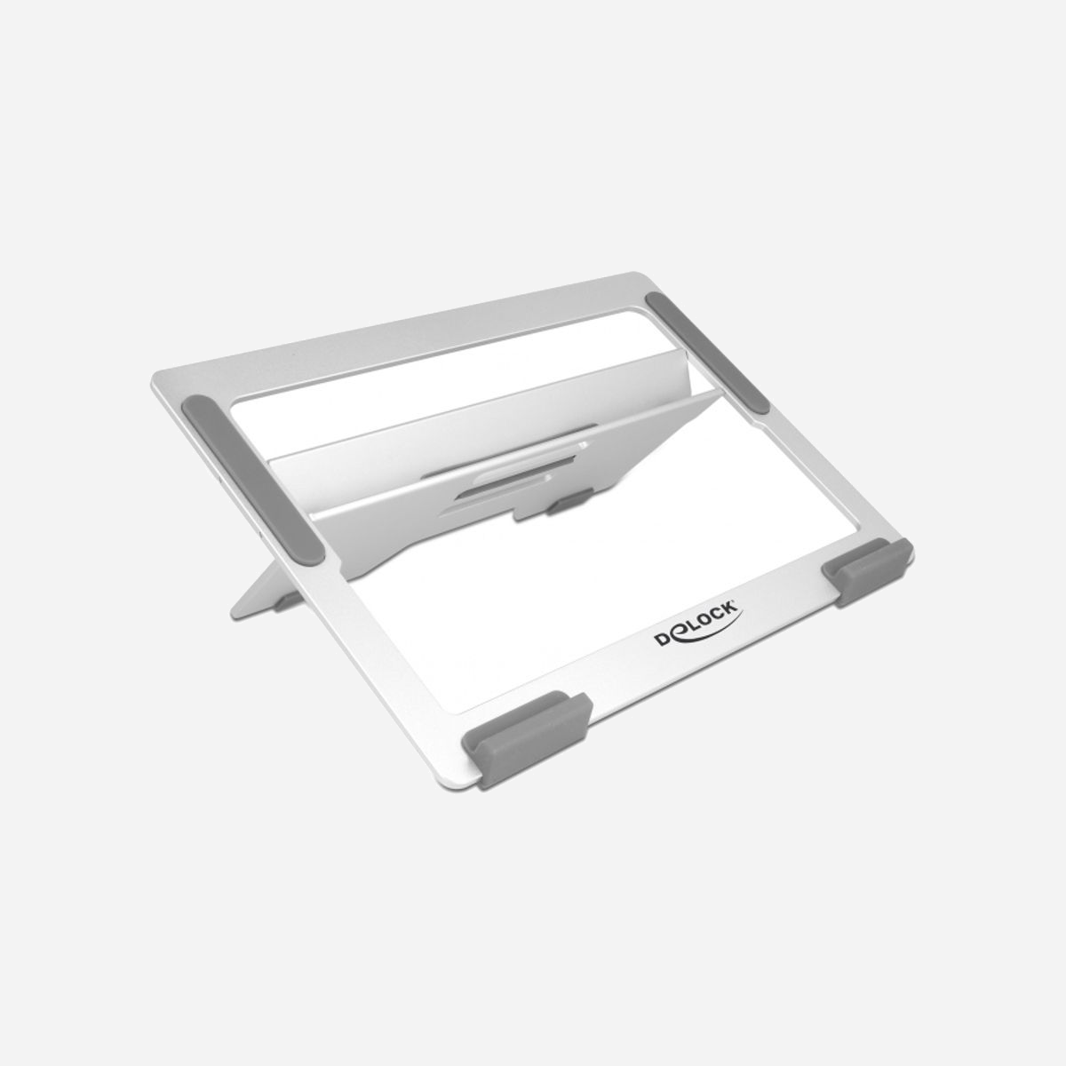 DeLOCK Support Aluminium Pliable pour Laptop jusqu'à 15.6" (39.6cm), Réglable en Hauteur, 290x210x20mm, 534g - Ce support de Delock non seulement impressionne par son design, mais aussi par sa stabilité et sa fonction. Grâce à l’angle ajustable, la tablette ou le laptop peut être placé dans trois positions et reste stable. Les patins en caoutchouc du support assurent que ni l’appareil ni le support ne glisse.<br><br><b>Economiseur d’espace</b><br><br>Comme le support peut être complètement replié, il tient dans votre poche, dans un sac à dos ou attaché-case, et il est parfait pour voyager.