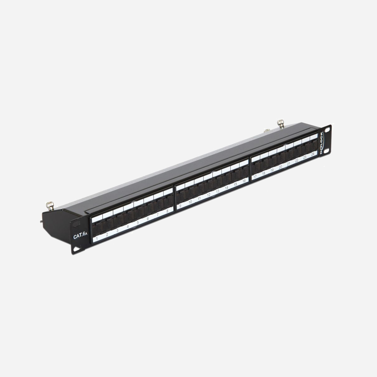 DeLOCK 43320 : Baie de Branchements 24 Ports RJ-45 Cat6a 1U, Montage Rack 19", Métal Noir, Certifiée ISO/IEC 11801, 483x44x109mm - DeLOCK 43320. Connecteur(s): RJ-45, Types de câbles soutenus: Cat6a. Couleur du produit: Noir, Matériel: Métal, Montage: Montage de rack. Certification: ISO/IEC 11801 2.2, EN 50173-1:2011, EN 60603-7-51, Cat.6A ANSI/TIA 568-C.2, TIA-568A/B. Largeur: 483 mm, Hauteur: 44 mm, Profondeur: 109 mm. Type d'emballage: Boîte