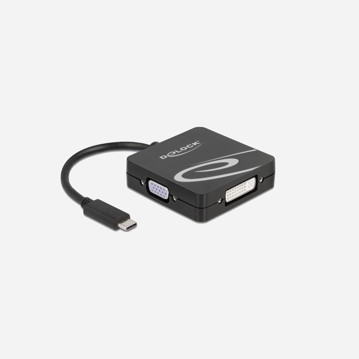 DeLOCK Adaptateur USB Type-C vers VGA DVI HDMI DisplayPort, Résolution 3840x2160, DP 1.2, Compatible Windows/Linux Kernel 5.8/Android - Cet adaptateur de Delock est le parfait compagnon pour voyager ou faire des présentations en raison de ses quatre différents ports vidéo. Un moniteur VGA, DVI, HDMI ou DisplayPort peut être connecté à un ordinateur avec une interface USB-C™ et un support de mode DisplayPort Alternate. De plus, l'adaptateur peut également fonctionner sur une interface Thunderbolt™ 3. Un seul moniteur peut être utilisé sur l'adaptateur.