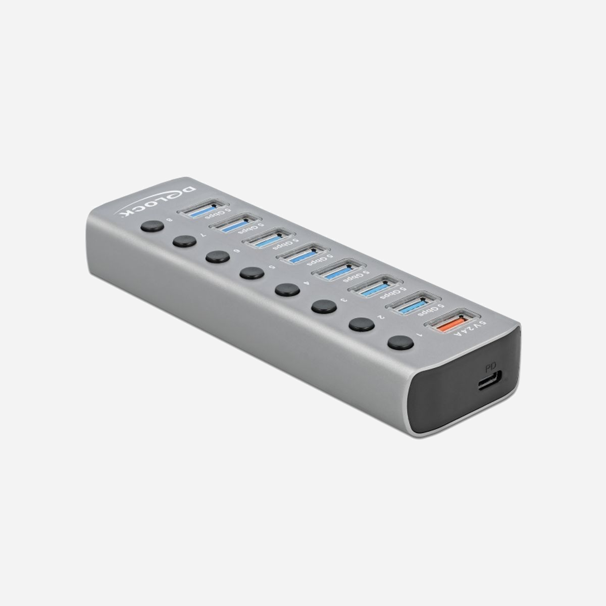 DeLOCK Hub USB 3.2 Gen 1 7 ports Type-A + 1 port USB-C PD 3.0, boîtier métal gris, câble 0.8m, 46x144x21mm, réf. 63264 - Cette station compacte USB avec un boitier métallique peut être connectée à un ordinateur via l’interface USB de Type-A. Elle étend l’ordinateur de 7 ports USB de Type-A. Les appareils connectés comme des smartphones peuvent être chargés ou des données peuvent être transférées à 5 Gbps.