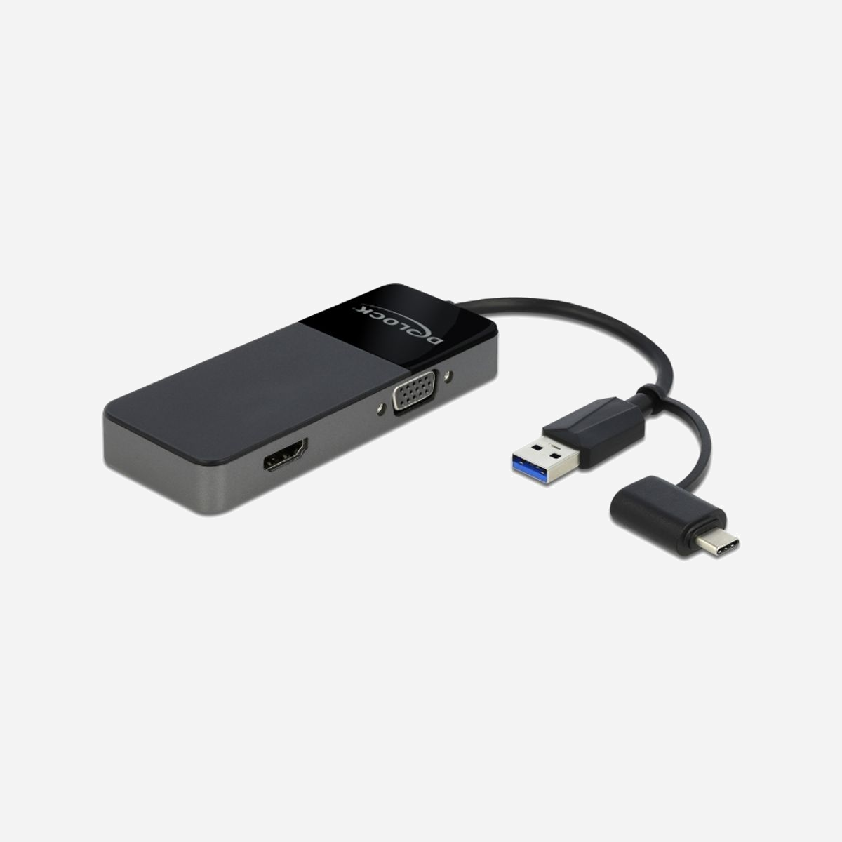 DeLOCK 64085 Station d'accueil USB 3.2 Gen 1 Type-A avec HDMI 4K 30Hz et VGA 1080p 60Hz, compatible Windows et macOS, câble 0.12m - Cet adaptateur de Delock permet de connecter un moniteur supplémentaire HDMI et VGA, un projecteur, etc., à un PC ou un laptop avec un connecteur USB Type-A. Il n’y a pas besoin d’un support DisplayPort Alternate Mode, cela permet de fonctionner avec des ordinateurs moins récents. L’adaptateur fixé au câble permet aussi la connexion à un port USB Type-C™. Deux moniteurs peuvent fonctionner simultanément, par exemple, pour étendre le bureau.<br><br><b>Résolution UHD et Full HD</b><br>Il est possible d’avoir une résolution 4K 30 Hz au port HDMI, et 1080p 60 Hz au port VGA. Cela s’applique également si les deux sorties vidéo fonctionnent simultanément.<br><br><b>Miroir et étendu</b><br>Si une seule sortie vidéo est utilisée, le bureau peut être étendu ou en miroir selon l’option choisie. Si les deux sorties vidéo sont utilisées en plus, les deux peuvent être étendues, ou un moniteur étendu et l’autre en miroir.