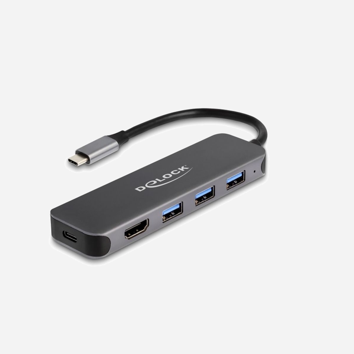 DeLOCK Hub USB-C 3.2 Gen 1 (3.1 Gen 1) 3 Ports Type-A + HDMI 4K 30Hz, USB-PD 3.0 85W, Compatible Windows/Linux/Android, Gris, Réf. 64171 - Le hub USB de Delock est un compagnon mobile pour les laptops, smartphones ou tablettes avec une connexion USB Type-C™. Jusqu’à 3 appareils USB Type-A peuvent être connecté au hub. Un moniteur peut être connecté à la sortie HDMI avec une résolution maximum jusqu’à 4K 30 Hz.<br><br>L’USB Power Delivery (USB PD 3.0) supporte jusqu’à 85 watts<br>Le hub a un port USB Type-C™ Power Delivery pour connecter le laptop ou la tablette pour le chargement. Le hub peut aussi être utilisé sans alimentation.<br><br>Petit accessoire robuste<br>Grâce à ses petites dimensions et à sa robustesse, ce hub de Delock est particulièrement adapté pour le voyage. Il peut simplement être mis dans un sac avec un laptop ou une tablette et être utilisé quand il est nécessaire.