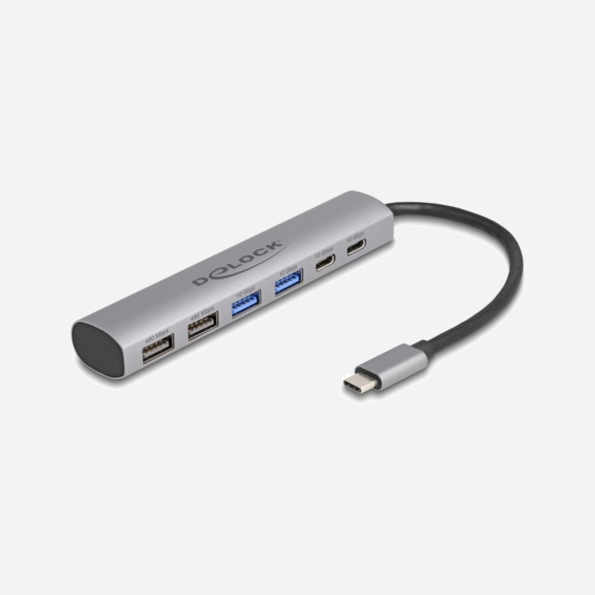DeLOCK Hub USB 3.2 Gen 1 64232 : 4x USB Type-A, 2x USB Type-C, boîtier aluminium, compatible Windows/macOS, 125 x 25 x 17 mm - Ce concentrateur USB Delock peut être connecté via une interface USB Type-C™ à un PC ou un ordinateur portable. Il est muni de quatre connecteurs USB Type-A de même que de deux connecteurs USB Type-C™. Vous pouvez y connecter divers périphériques USB tels que des stations d'accueil, des lecteurs de cartes, un boîtier externe etc.