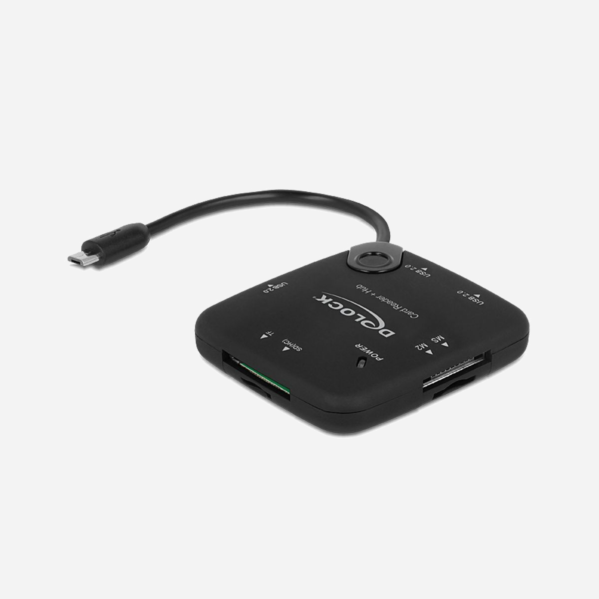 DeLOCK 65529 Lecteur Cartes Mémoire USB 2.0 avec Hub 3 Ports USB-A, Compatible MicroSD/SD/MMC/MS, Noir, OTG Supporté, Dimensions 66x242x16mm - Le lecteur de cartes et hub Delock proposé vous permet de lire et d'écrire des cartes mémoires via le port Micro USB (OTG) de votre smartphone ou tablette. En outre, trois ports USB femelles A sont à votre disposition, ce qui vous permet donc de connecter, entre autres, un disque dur, une clé USB, un clavier, une souris à un port USB mâle A USB sur votre téléphone portable, smartphone ou tablette dotés d'une prise en charge OTG.