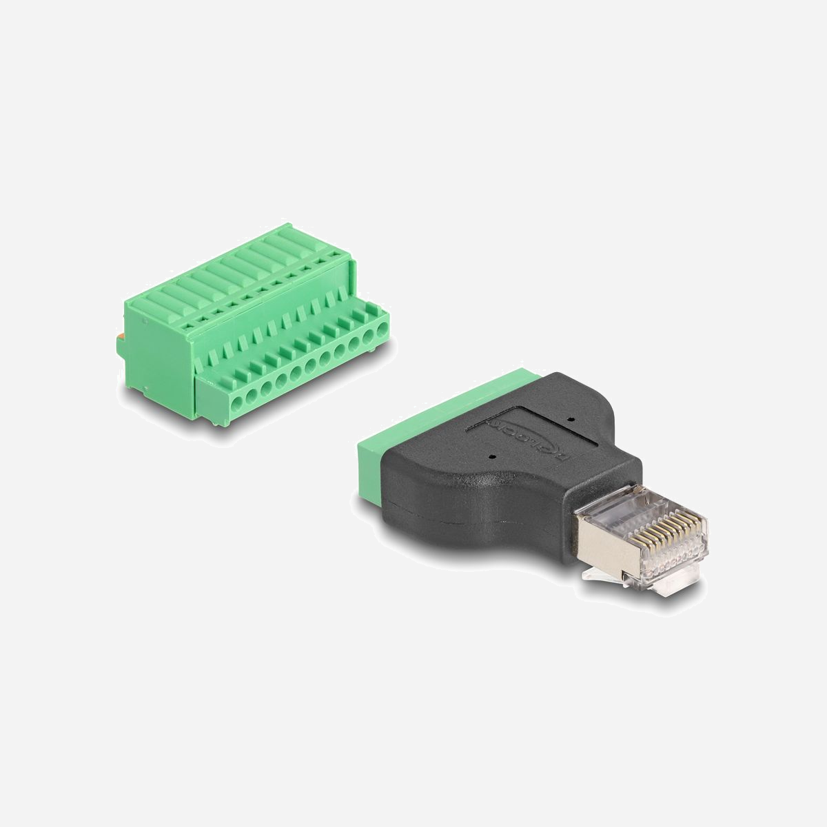 DeLOCK Adaptateur RJ50 mâle vers Bornier 11-Pin avec Bouton-Poussoir - Connecteur Droit, Boîtier PVC Noir/Vert - Dimensions 33x43x20mm - Cet adaptateur de Delock peut être employé pour connecter divers appareils de réseau. Des fils dénudés peuvent être connectés sans outil via le bornier avec bouton-poussoir.