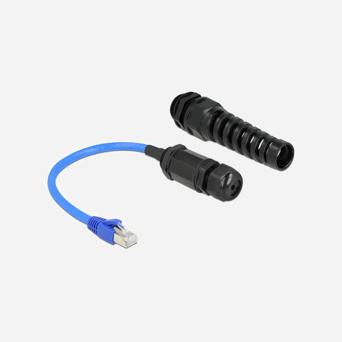 DeLOCK Câble RJ45 Cat.6 SF/UTP Mâle-Femelle 0.25m IP68 avec Presse-Étoupe et Protection Coudée - AWG26 - Noir/Bleu - -10°C à 65°C - Ce RJ45 étanche de Delock protège la connexion Ethernet sur le câble de réseau des dommages et des effets du climat. Il comprend un presse-étoupe et protection coudée dans la livraison pouvant être monté au raccord fileté du RJ45 femelle et permet un scellement étanche au logement et il est idéal pour l’utilisation à l’extérieur.<br><br><b>Protection supplémentaire avec la protection coudée</b><br>Avec sa spirale coudée, le câble est sécurisé et protégé d’une courbure excessive.<br><br><b>Protection IP68 pour la poussière et l’eau</b><br>La protection de classe IP68 offre une meilleure protection contre la saleté et l’humidité pour la connexion des câbles de réseau.