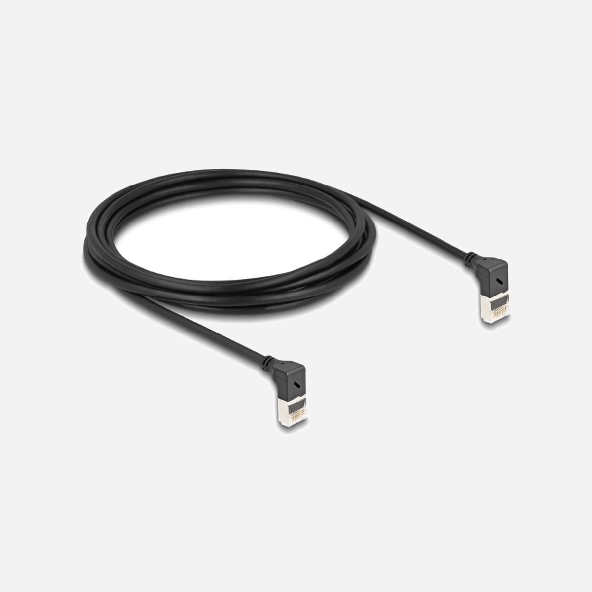 Câble réseau DeLOCK Cat.6A S/FTP 3m noir, RJ45 mâle coudé 90° (haut/haut), AWG30, LSZH, Ø 4.5mm, réf. 80283 - Ce câble de réseau de Delock peut être connecté à différents appareils de réseau, ex., un NIC à un interrupteur ou à un panneau de patch.<br><br>Avec connecteur angulé<br>Les prises angulées permettent des installations économisant de l’espace dans des lieux étroits derrière les appareils ou dans des armoires de réseau.<br><br>Câble mince de distribution<br>Les câbles fins de distribution sont caractérisés par leur petit diamètre et permettent le câblage flexible et sans grand encombrement dans une armoire de réseau.