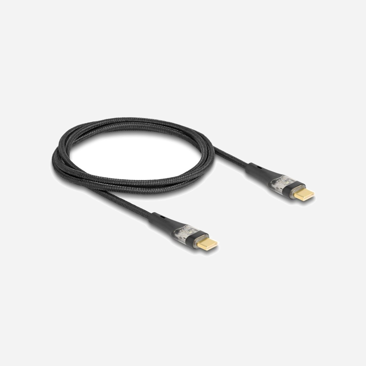 DeLOCK Câble USB 2.0 Type-C mâle à mâle 1m, PD 3.0 100W, 20V/5A, AWG 28/21, LED bleue, Data 480 Mbit/s - Ce câble USB de Delock permet de connecter un appareil muni d’un connecteur USB Type-C™ et un laptop ou PC ayant une prise USB Type-C™. La puce E-Marker intégrée est compatible avec la fonction PD 3.0 pour le chargement rapide d’une puissance allant jusqu’à 100 W. Dès que le câble est branché à une alimentation, la LED s’illumine en bleu<br><br><b>Qualité et performances<br></b>Visuellement, il est convainquant avec son fin blindage textile et ses connecteurs dans un boitier transparent. Le fort calibre du fil d’alimentation avec 22 AWG est également compatible à une alimentation stable jusqu’à 5 A.