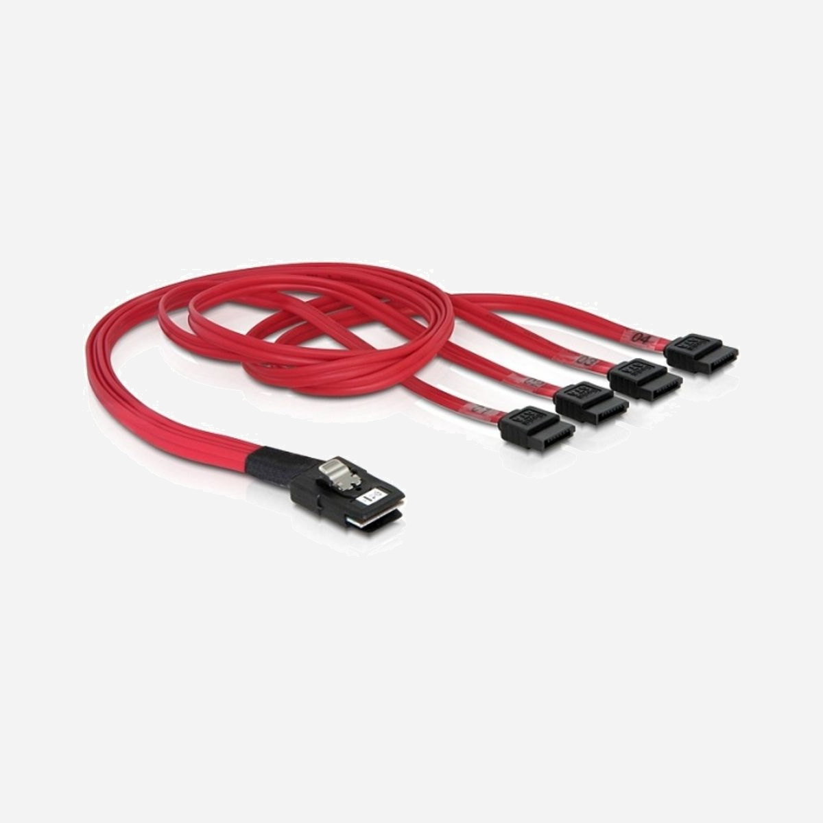 DeLOCK Câble mini SAS 36pin vers 4x SATA 7pin, Rouge, 0.5m, Référence 83057 – Connecteurs SAS 36 points vers 4 connecteurs SATA 7 points. - DeLOCK Cable mini SAS 36pin to 4x SATA. Couleur du produit: Rouge, Longueur de câble: 0,5 m, Connecteur(s): SAS 36pin/4xSATA 7pin
