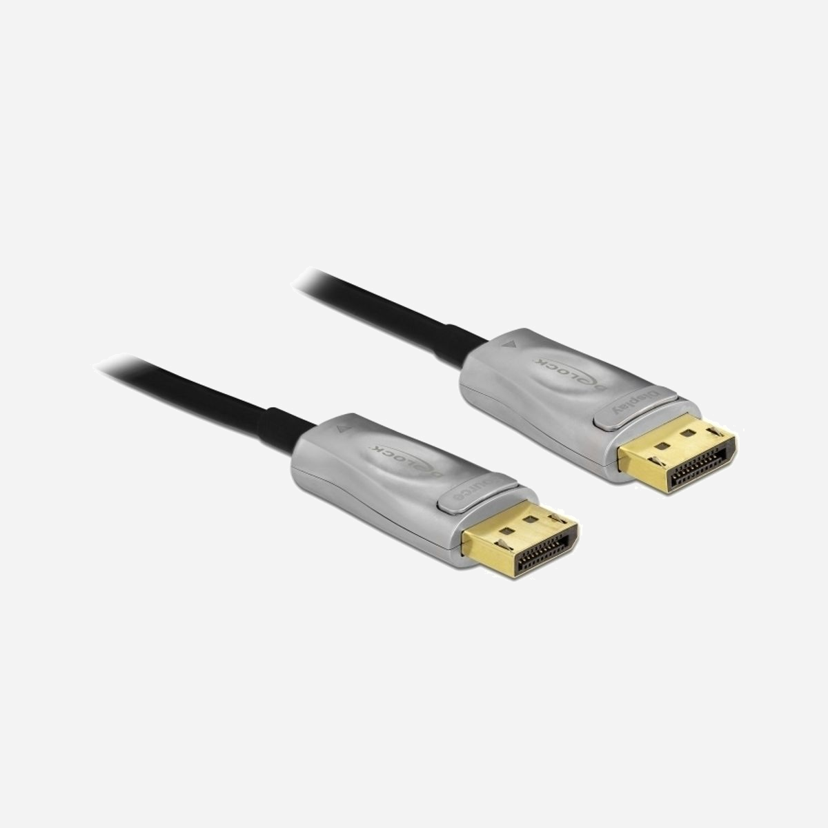 DeLOCK 85885 Câble DisplayPort 1.4 Mâle/Mâle 10m Noir, contacts or, 7680x4320 30Hz, 32.4 Gbit/s, Diamètre 5.4mm - Ce câble de Delock peut être utilisé pour connecter une interface DisplayPort, ex. écrans ou télés, à un PC ou un laptop. Ce câble optique actif est particulièrement fin et peut transmettre des signaux sans perte sur les longues distances.