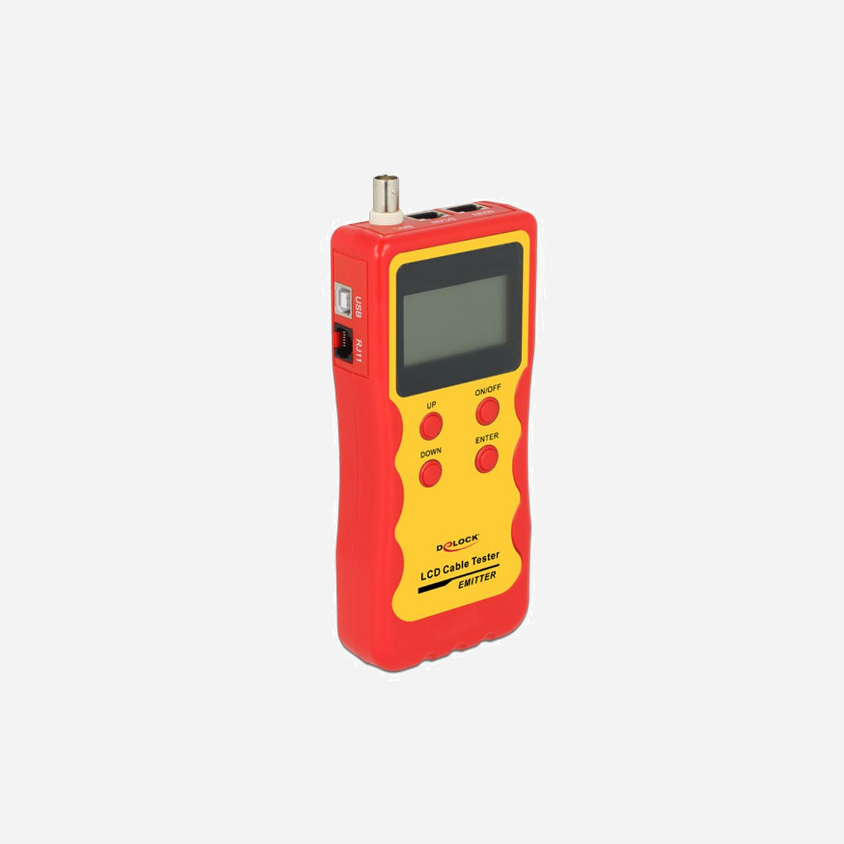 Testeur de câbles DeLOCK 86108 - BNC, RJ-12, RJ-45, USB - Écran LED, 9V - Dimensions 80x32x185mm - Jaune/Rouge - Sans piles - DeLOCK 86108. Connecteurs pris en charge: BNC, RJ-12, RJ-45, USB, Type d'écran: LED, Couleur du produit: Jaune, Rouge. Tension des piles: 9 V. Largeur: 80 mm, Profondeur: 32 mm, Hauteur: 185 mm. Produits par palette: 1 pièce(s)