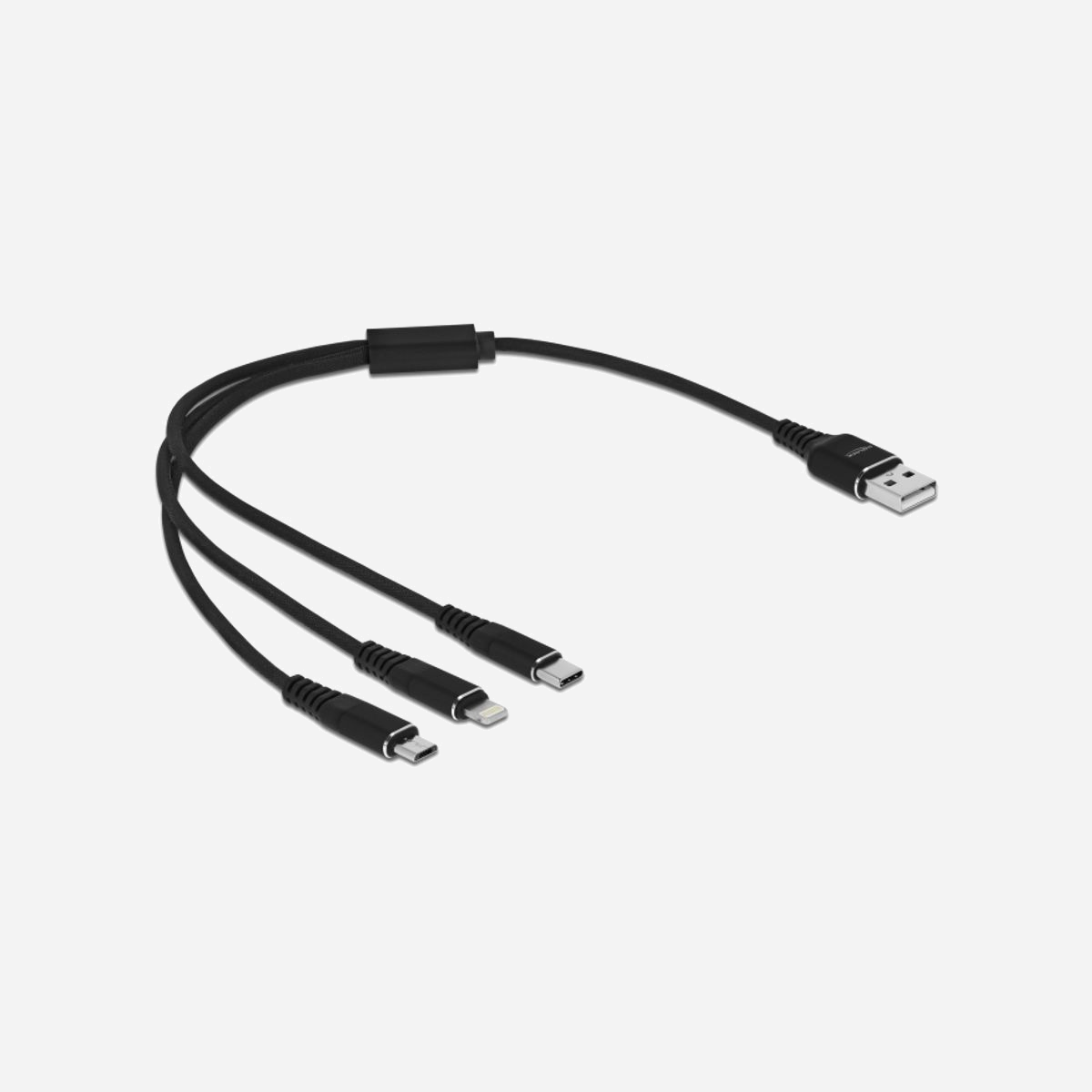 DeLOCK Câble USB 2.0 Type-A vers Lightning / Micro USB / USB Type-C, 30cm, Noir, 22 AWG, 5V/3A max, Connecteurs mâles droits - Ce câble de chargement 3-en-1 de Delock peut être utilisé pour charger divers appareils, par exemple, des tablettes ou des smartphones munis d’une interface Lightning™, Micro USB-B ou USB Type-C™ par l’intermédiaire d’une source d’alimentation USB.<br><br><b>Compagnon utile</b><br>Ce câble est le compagnon idéal pour aller, par exemple, en voyage d’affaire ou en vacances, puisqu’il combine les trois interfaces les plus communes en un seul câble pour les appareils mobiles les plus récents. Cela évite de s’encombrer avec un fouillis de câbles innombrables à transporter.<br><br><b>Qualité et performances</b><br>Le câble est très robuste et durable en raison de son blindage textile résistant, de la réduction des tensions exercées et des extrémités métalliques de tous les câbles. La section élevée du câble de 22 AWG supporte une alimentation électrique stable jusqu’à 3 A.