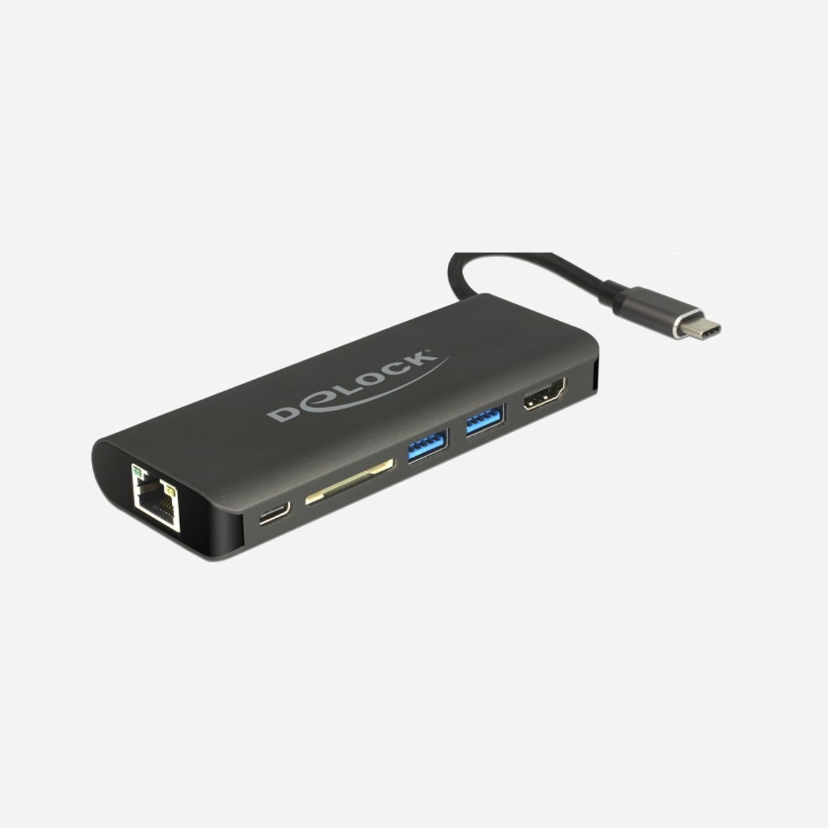 DeLOCK 87721 Station d'accueil USB 3.2 Gen 1 Type-A, Lecteur Cartes SD/MMC, 2x USB-A, 2x USB-C, HDMI, Compatible Windows/macOS/Linux - DeLOCK 87721. Interface de l'hôte: USB 3.2 Gen 1 (3.1 Gen 1) Type-A. Couleur du produit: Noir, Cartes mémoire compatibles: MMC, SD, SDHC, SDXC, Interfaces Hub: HDMI, USB 3.2 Gen 1 (3.1 Gen 1) Type-A, USB 3.2 Gen 1 (3.1 Gen 1) Type-C. Type de source d'alimentation: USB, Consommation (max): 60 W. Prise en charge du système d'exploitation Windows: Windows 10, Windows 7, Windows 8, Windows 8.1, Prise en charge d'autres systèmes d'exploitation: Windows Phone. Largeur: 46 mm, Profondeur: 116 mm, Hauteur: 16 mm