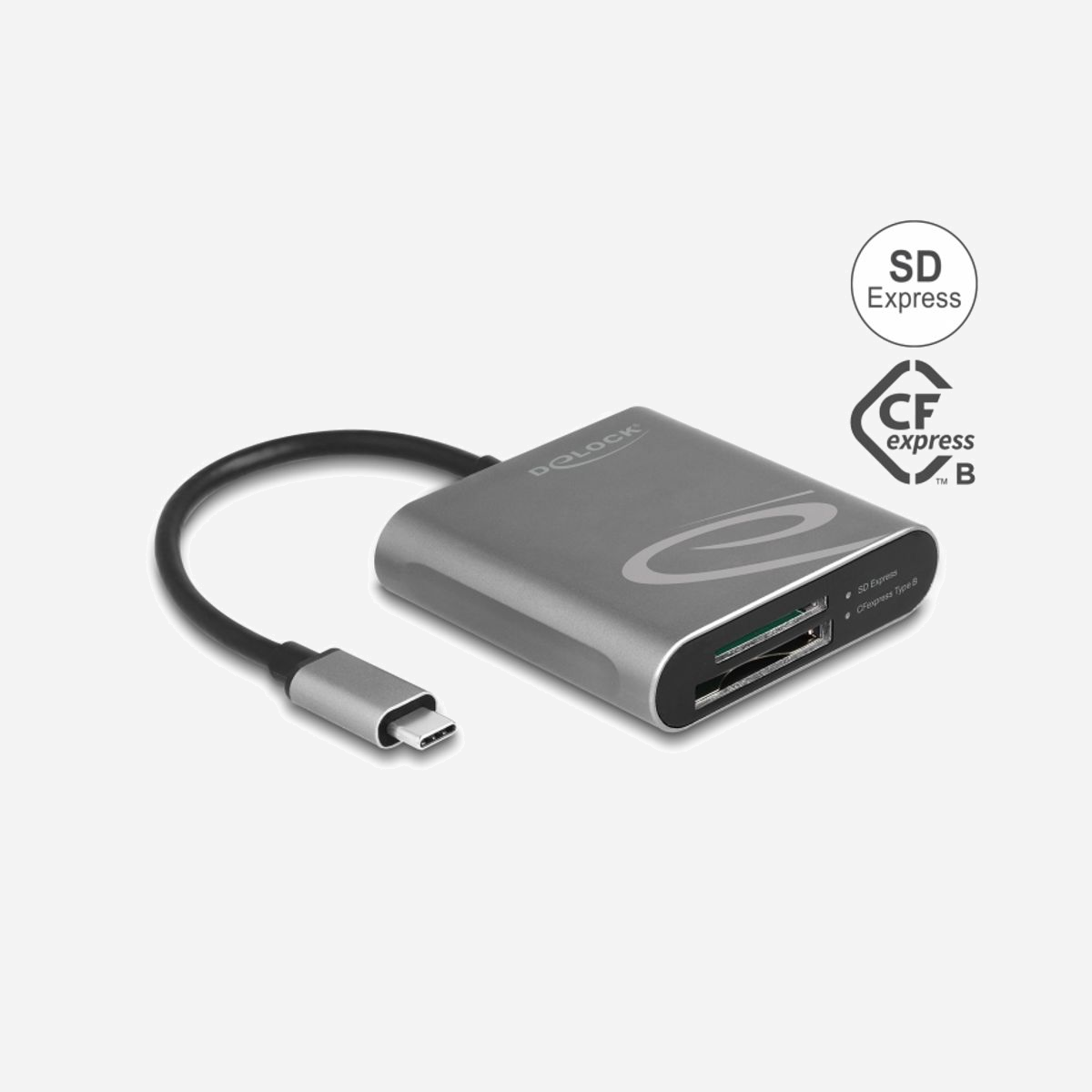 DeLOCK Lecteur Cartes Mémoire 91000 USB 3.2 Gen 2 Type-C pour CFexpress & SD Express, 2 Slots, Aluminium Gris, Transfert 10000 Mbit/s - Le lecteur de carte de Delock peut être utilisé pour lire et écrire sur des cartes mémoires SD Express et CFexpress. Le lecteur de carte peut être connecté à un PC ou un appareil mobile via l'interface USB Type-C™.<br><br>Usage simultanée de tous les ports<br>Deux cartes mémoires peuvent être utilisées en même temps.