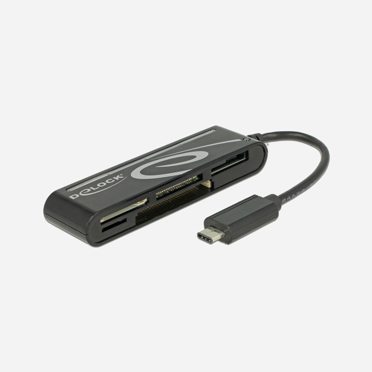 DeLOCK 91739 Lecteur Cartes Mémoire USB 2.0 Noir, Supports CF/SD/MicroSD/MMC/MS, Max 2.05 To, 480 Mbit/s, Câble 0.15m, Windows/macOS/Android - Le lecteur de carte de Delock peut être utilisé pour lire et graver des cartes de mémoire, et peut être connecté à l'interface USB-C™ des PC, laptops, MacBooks, Chromebooks ou smartphones.