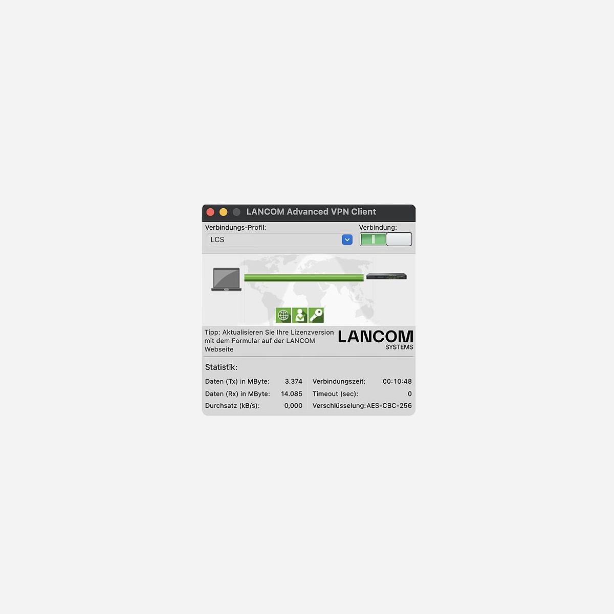 LANCOM Systems Upgrade Advanced VPN Client (MAC) Gestion Réseau 1 Licence, Support macOS 11 Big Sur à macOS 15 Sequoia, Code 61608 - <b>Options logicielles</b><br>Vous souhaitez des fonctionnalités supplémentaires ? Avec les options logicielles LANCOM, ajoutez facilement des fonctionnalités supplémentaires à vos appareils, comme un plus grand nombre de tunnels VPN ou un filtre de contenu, etc.