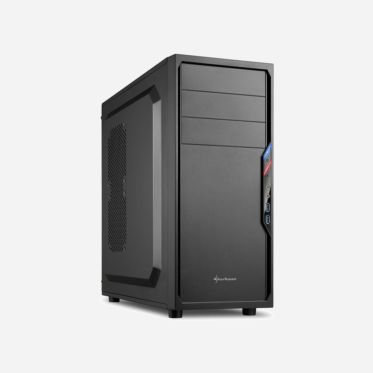 Sharkoon VS4-V Midi Tower Noir - Boîtier PC ATX/micro ATX/Mini-ITX, 3x 5.25" ext, 3x 3.5" int, 4x 2.5", USB 3.2 Gen 1, Ventilateur 120mm avant - Sharkoon VS4-V. Format: Midi Tower, Type: PC, Couleur du produit: Noir. Ventilateurs installés avant: 1x 120 mm, Prise en charge des diamètres des ventilateurs avants: 120 mm, Pris en charge des diamètres des ventilateurs latérals: 120 mm. Tailles de disques durs supportées: 2.5,3.5". Largeur: 200 mm, Profondeur: 445 mm, Hauteur: 430 mm. Largeur du colis: 225 mm, Profondeur du colis: 466 mm, Hauteur du colis: 500 mm