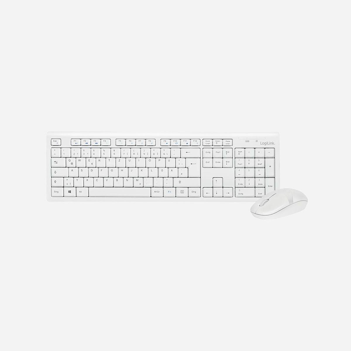 LogiLink ID0104W : Ensemble Clavier AZERTY et Souris Sans Fil USB 2.4 GHz, 1000 DPI, Allemand, Blanc - Portée 10m, Compatible PC/Serveur - LogiLink ID0104W. Facteur de forme du clavier: Taille réelle (100 %). Style de clavier: Droit. Technologie de connectivité: Sans fil, Interface de l'appareil: USB. Couleur du produit: Blanc. Souris incluse
