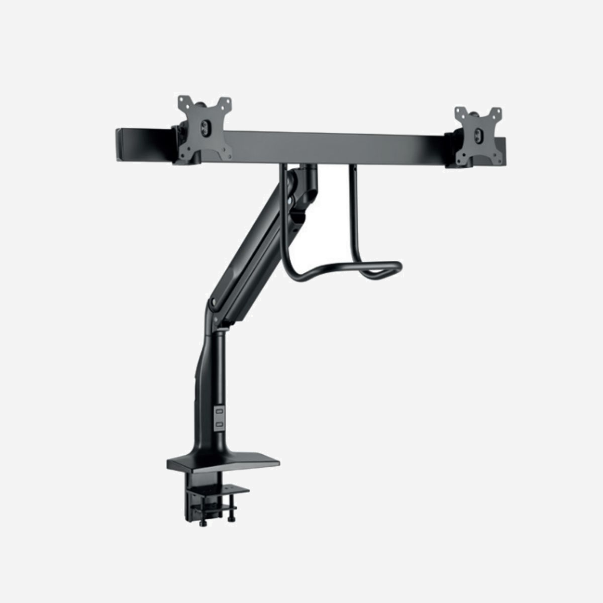 Hagor 8703 Support Bureau Double Écran 17"-32" (43-81cm) Noir, VESA 75x75/100x100mm, Montage Pince, Inclinaison -45°/+22°, Rotation 180°, Charge 10kg - Hagor 8703. Montage: Pince, Capacité de charge maximale: 10 kg, Taille minimale de l'écran: 43,2 cm (17"), Taille maximale de l’écran: 81,3 cm (32"), Compatibilité interface de montage (min): 75 x 75 mm, Compatibilité interface de montage (max): 100 x 100 mm. Réglage de la hauteur, Plage de l'angle d'oscillation: -32 - 32°, Angle d'inclinaison: -45 - 22°. Couleur du produit: Noir