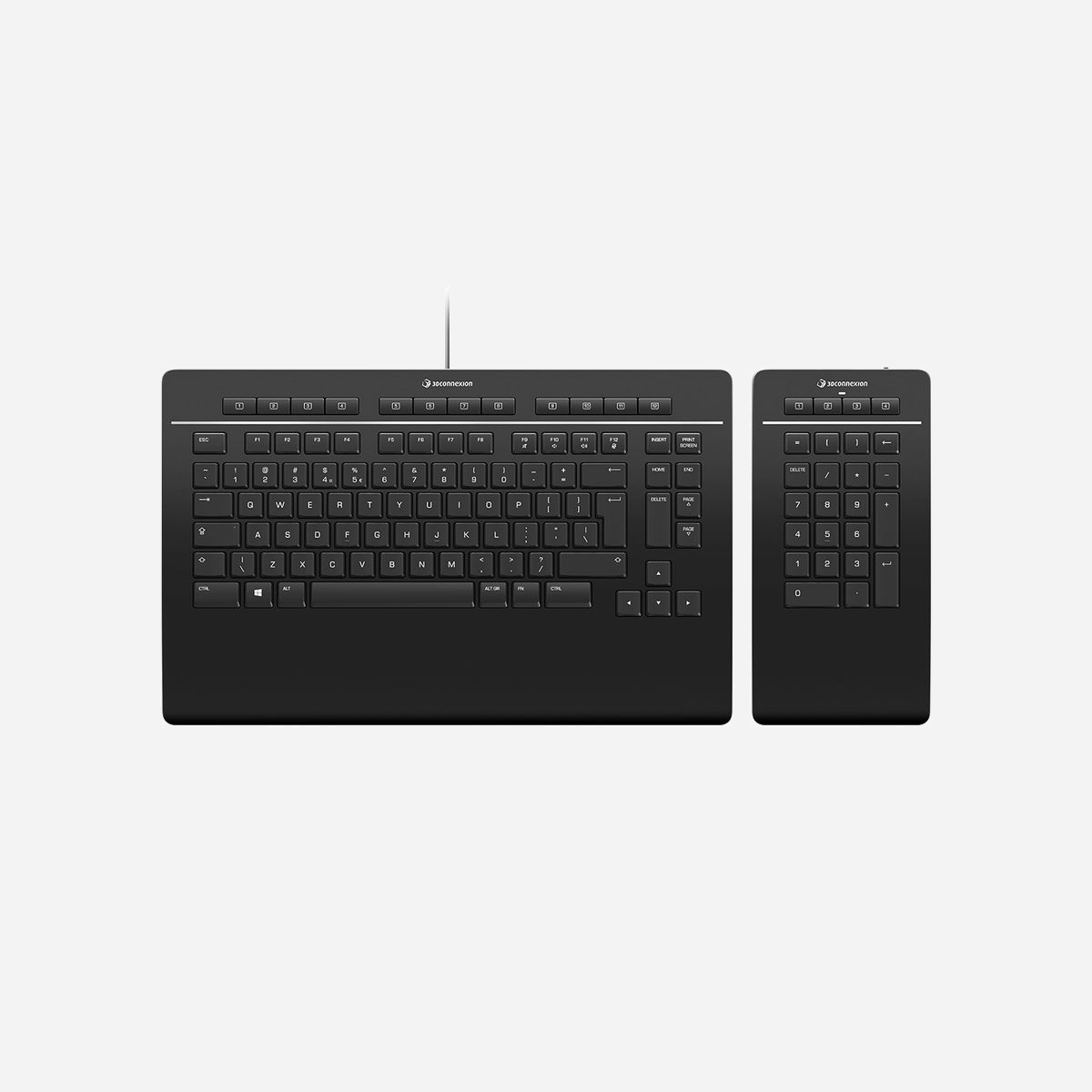 3Dconnexion Keyboard Pro with Numpad QWERTZ Allemand, USB + RF Wireless + Bluetooth, Commutateur Ciseaux, Batterie 350mAh, Noir - 3Dconnexion Keyboard Pro with Numpad. Facteur de forme du clavier: Taille réelle (100 %). Style de clavier: Droit. Technologie de connectivité: Avec fil &sans fil, Interface de l'appareil: USB + RF Wireless + Bluetooth, Interrupteur à clé de clavier: Commutateur de touche « ciseaux », Disposition des touches du clavier: QWERTZ. Repose-poignets. Utilisation recommandée: Bureau. Couleur du produit: Noir