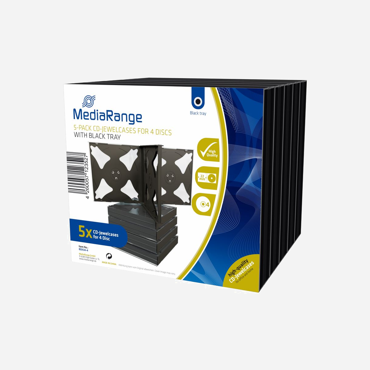 MediaRange BOX34-4 : Boîtier double pour 4 disques optiques 120mm, Noir, Plastique, Lot de 5, RoHS - Dimensions colis : 140x110x124mm - MediaRange BOX34-4. Type d'étui: Boîtier double, Capacité de CD: 4 disques, Couleur du produit: Noir. Quantité: 5 pièce(s), Largeur du colis: 140 mm, Profondeur du colis: 110 mm. Largeur du casier principal (externe): 270 mm, Longueur du casier principal (externe): 660 mm, Hauteur du casier principal (externe): 300 mm