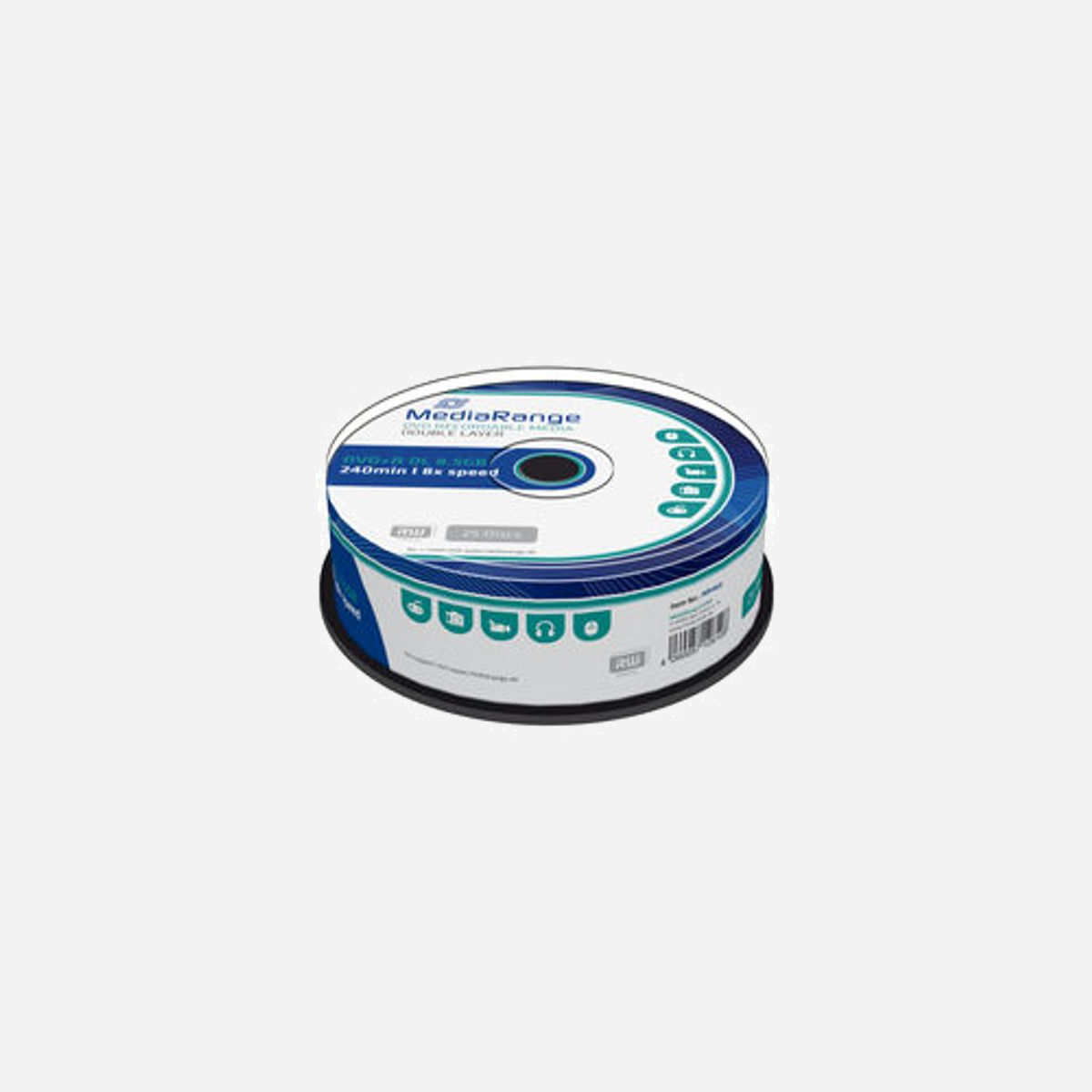 MediaRange MR469 : DVD+R DL 8.5 Go 8x - Boîte de 25 unités pour gravure de données, vidéo et audio - Double couche, enregistrable une seule fois. - MediaRange MR469. Capacité d'origine: 8,5 Go, Type: DVD+R DL, Quantité: 25 pièce(s). Vitesse d'écriture des DVD+R: 8x. Type d'emballage: Boîte à gâteaux