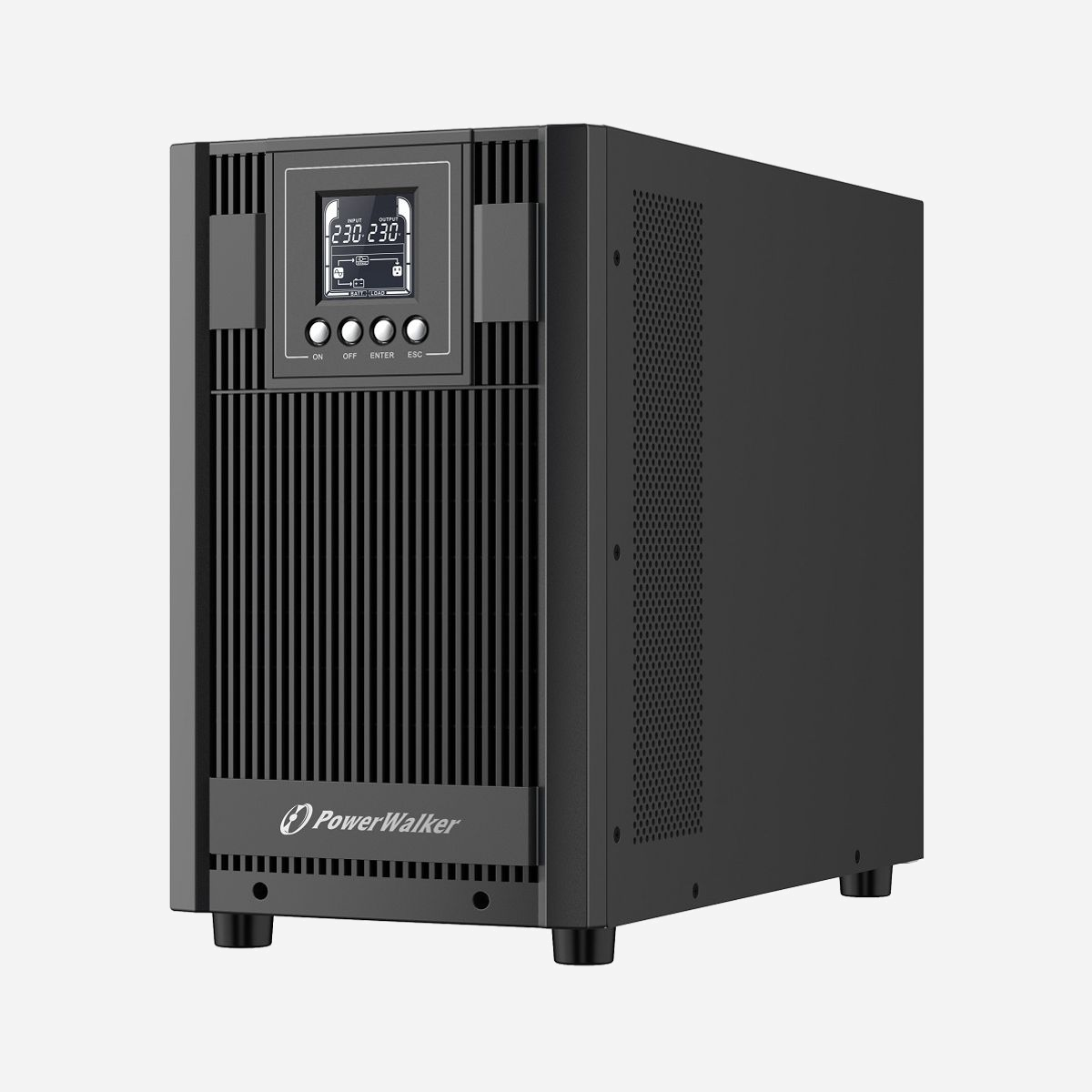 PowerWalker VFI 3000 AT : UPS Double-Conversion Online 3kVA/2700W, Sinusoïde Pure, 4 Prises CA (Terminal/Type F), USB, RS-232, Tour - PowerWalker VFI 3000 AT. Topologie UPS: Double-conversion (en ligne), capacité de la puissance de sortie: 3 kVA, Puissance de sortie: 2700 W. Types de sortie AC: Terminal, Type F, Prise mâle: Coupleur C20, Nombre de prises en sortie: 4 sortie(s) CA. Capacité de la batterie: 9 Ah, Tension des piles: 12 V. Format: Tower, Couleur du produit: Noir, Type d'écran: LCD. Largeur: 196 mm, Profondeur: 416 mm, Hauteur: 342 mm
