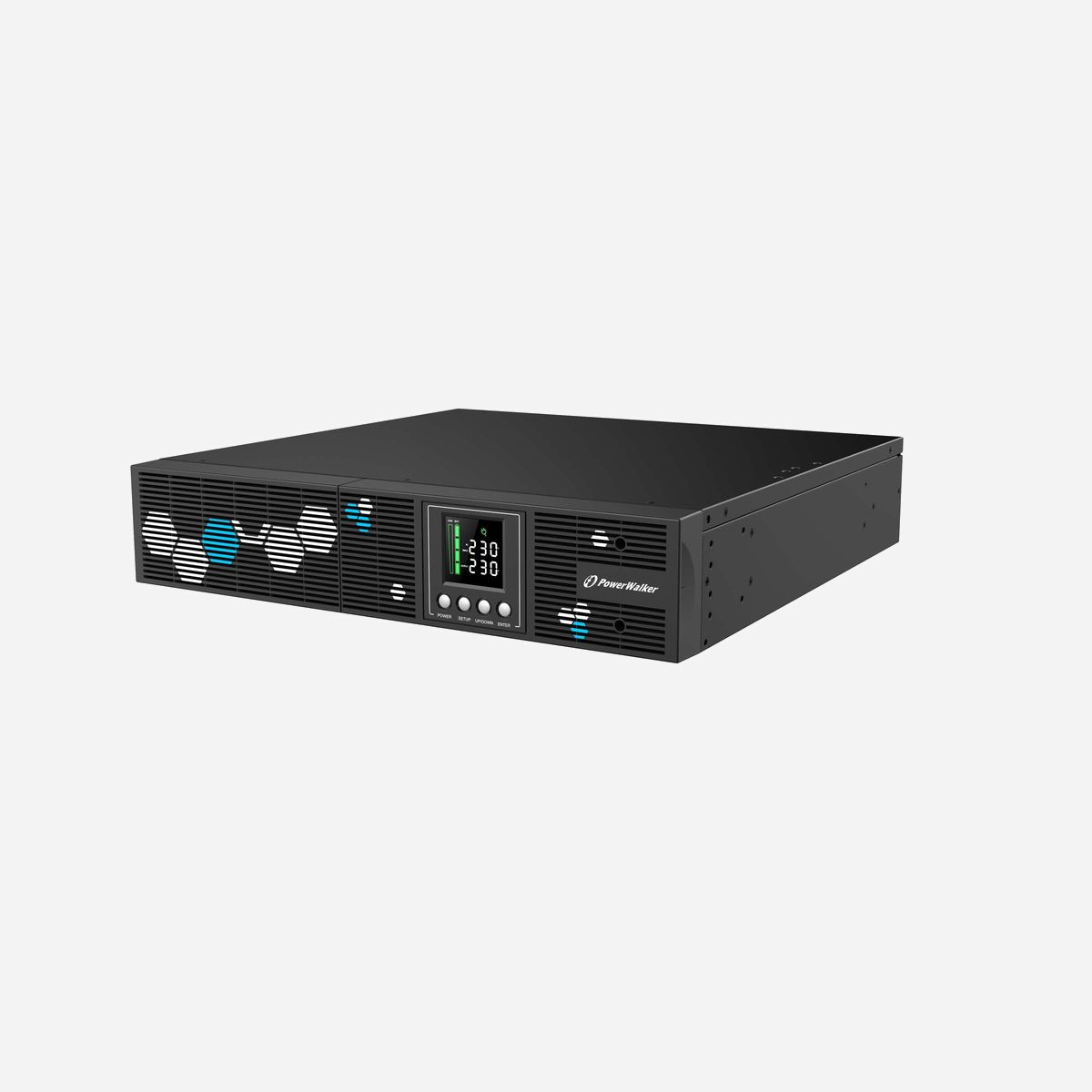 PowerWalker VI 1000 RLP Onduleur Line-Interactive 1kVA/900W, 8 prises C13, Port USB, RS-232, SmartSlot, Format Rack/Tour 2U, AVR, Sinusoïde Pure - PowerWalker VI 1000 RLP. Topologie UPS: Interactivité de ligne, capacité de la puissance de sortie: 1 kVA, Puissance de sortie: 900 W. Types de sortie AC: Coupleur C13, Prise mâle: Coupleur C14, Nombre de prises en sortie: 8 sortie(s) CA. Capacité de la batterie: 9 Ah, Tension des piles: 12 V, Temps de secours type au chargement complet: 2 min. Format: Rack/Tour, Couleur du produit: Noir, Capacité du rack: 2U. Largeur: 438 mm, Profondeur: 430 mm, Hauteur: 88 mm
