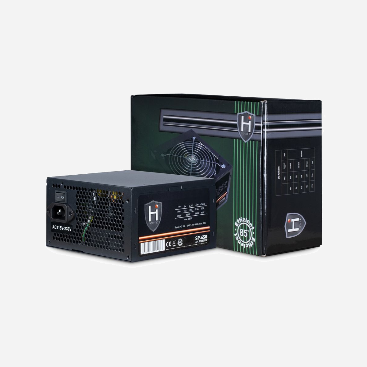 Inter-Tech HIPOWER SP-650 Alimentation 650W ATX 2.4, 20+4-Pin, 1x PCI-E 6+2 Pin, Ventilateur 120mm, Protection OVP/OPP/SCP, Efficacité 85% - Inter-Tech HIPOWER SP-650. Puissance totale: 650 W, Tension d'entrée AC: 100 - 240 V, Fréquence d'entrée AC: 50 - 60 Hz. Connecteur de la carte mère: 20+4 pin ATX, Longueur de câble d'alimentation de carte-mère: 50 cm, Longueur du câble d'alimentation PCI Express: 50 cm. Utilité: PC, Facteur de forme de l'unité d'alimentation: ATX, Niveau sonore: 35 dB. Couleur du produit: Noir, Type de refroidissement: Actif, Diamètre du ventilateur: 12 cm. Câbles inclus: Secteur