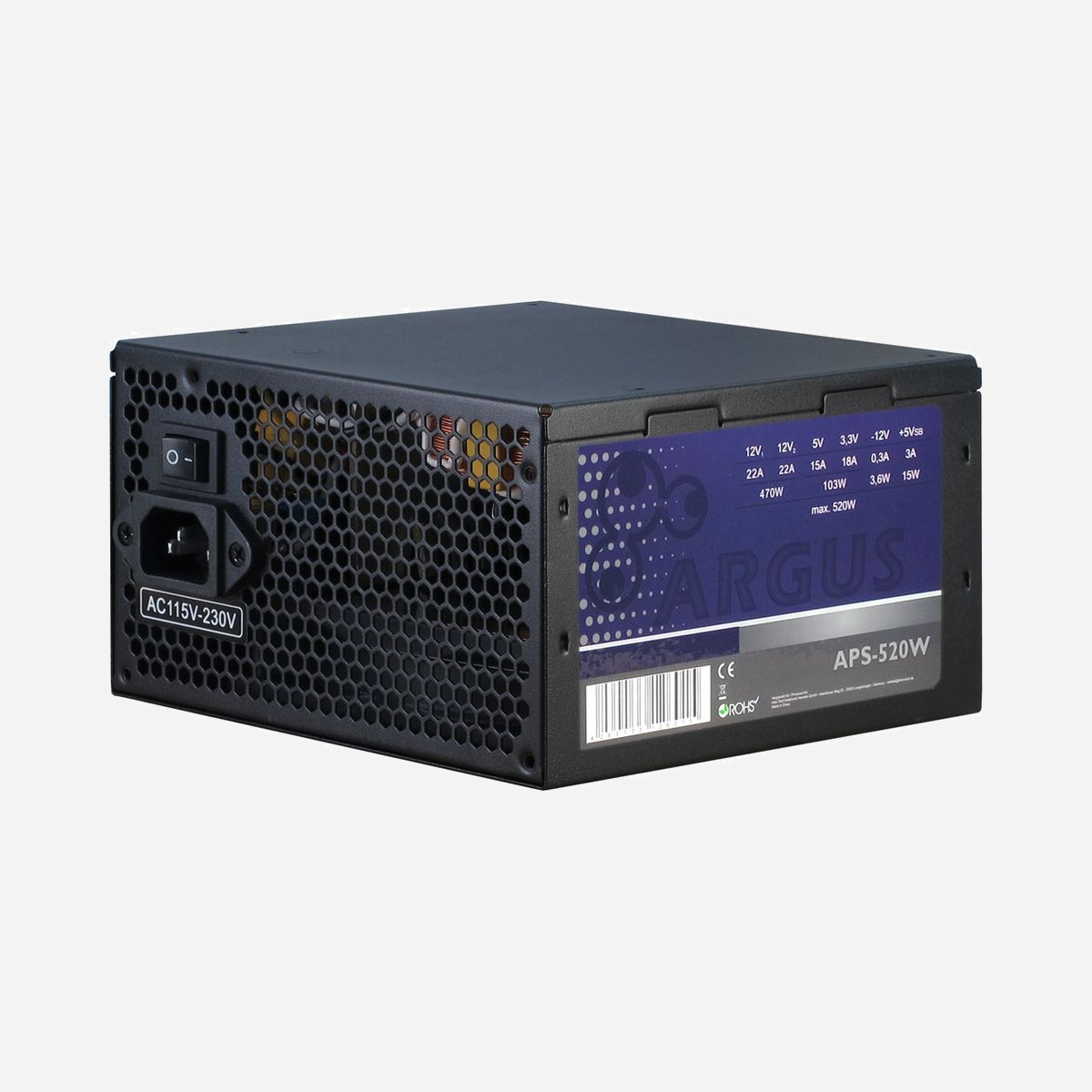 Inter-Tech Argus APS 520W ATX, Alimentation PC 20+4 Pin, PFC Actif, Ventilateur 12cm, 4x SATA, 4x Molex, 1x PCIe 6+2 Pin, Niveau Sonore 21dB - Inter-Tech Argus APS. Puissance totale: 520 W, Tension d'entrée AC: 115 - 230 V, Fréquence d'entrée AC: 47 - 63 Hz. Connecteur de la carte mère: 20+4 pin ATX, Type de câblage: Non-modulaire. Utilité: PC, Facteur de forme de l'unité d'alimentation: ATX, Niveau sonore: 21 dB. Couleur du produit: Noir, Type de refroidissement: Actif, Diamètre du ventilateur: 12 cm. Largeur: 150 mm, Profondeur: 140 mm, Hauteur: 86 mm