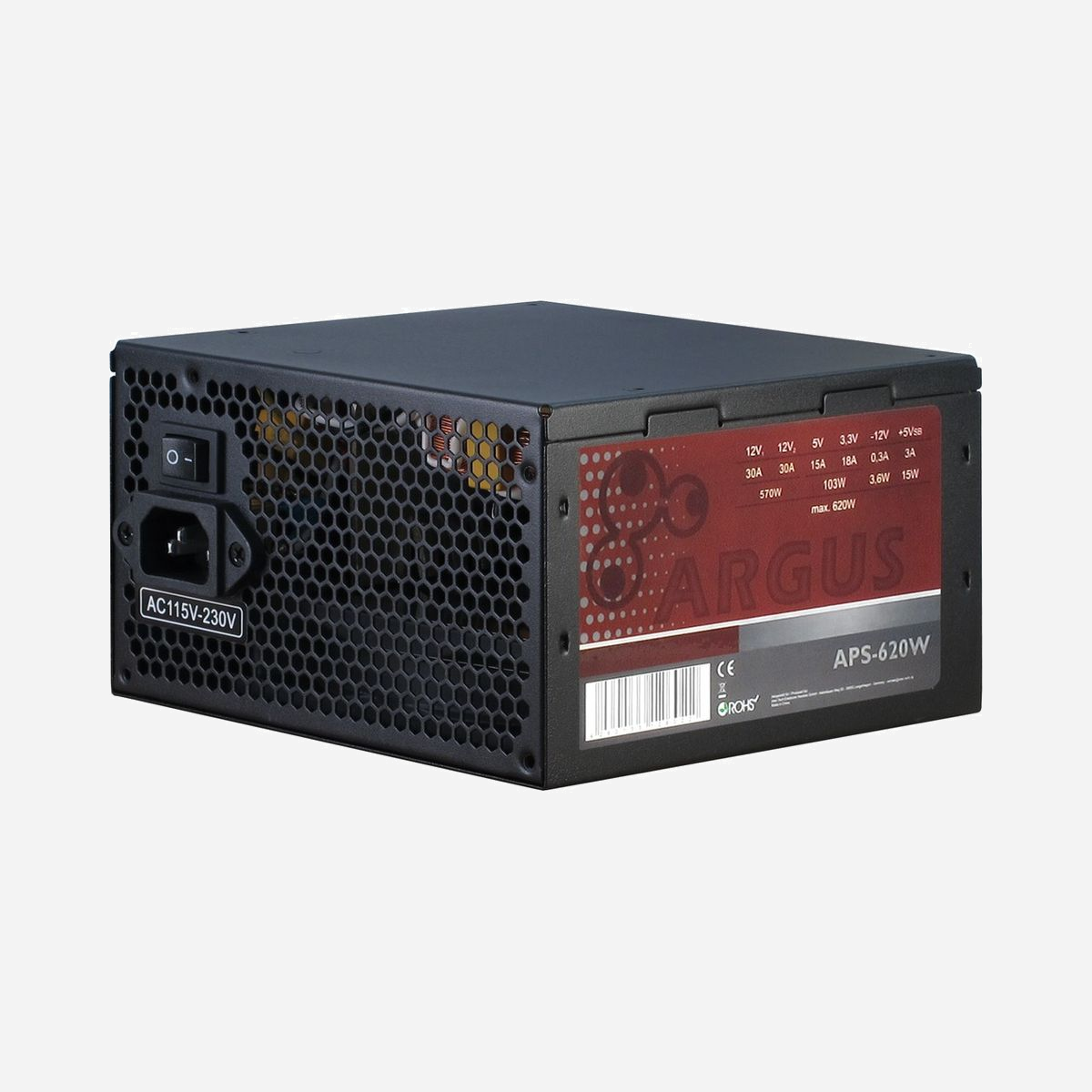 Inter-Tech Argus APS 620W ATX 2.31, Connecteur 20+4 pin, PFC Actif, Ventilateur 12cm, +12V1/V2 30A, Noir, Non-Modulaire - Inter-Tech Argus APS. Puissance totale: 620 W, Tension d'entrée AC: 115 - 230 V, Fréquence d'entrée AC: 47 - 63 Hz. Connecteur de la carte mère: 20+4 pin ATX, Type de câblage: Non-modulaire. Utilité: PC, Facteur de forme de l'unité d'alimentation: ATX, Niveau sonore: 21 dB. Couleur du produit: Noir, Type de refroidissement: Actif, Diamètre du ventilateur: 12 cm. Largeur: 150 mm, Profondeur: 140 mm, Hauteur: 86 mm