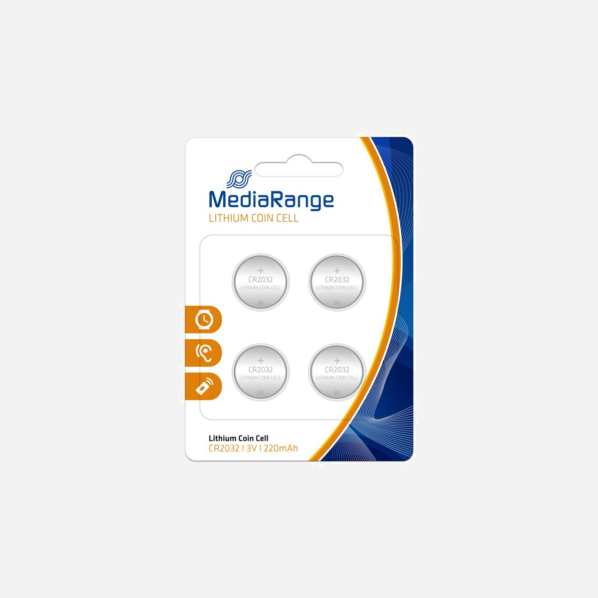 MediaRange MRBAT132 - Pack de 4 Piles Bouton CR2032 Lithium 3V 220mAh, Diamètre 20mm, Technologie Lithium, Sans Cadmium ni Mercure - MediaRange MRBAT132. Type de batterie: Batterie à usage unique, Taille(s) de la batterie: CR2032, Technologie batterie: Lithium. Largeur: 20 mm, Profondeur: 3,2 mm, Hauteur: 20 mm. Largeur du colis: 86 mm, Profondeur du colis: 3,2 mm, Hauteur du colis: 122 mm. Facteur de forme de la batterie: Pile bouton, Forme: Rond. Largeur du casier principal (externe): 175 mm, Longueur du casier principal (externe): 170 mm, Hauteur du casier principal (externe): 220 mm