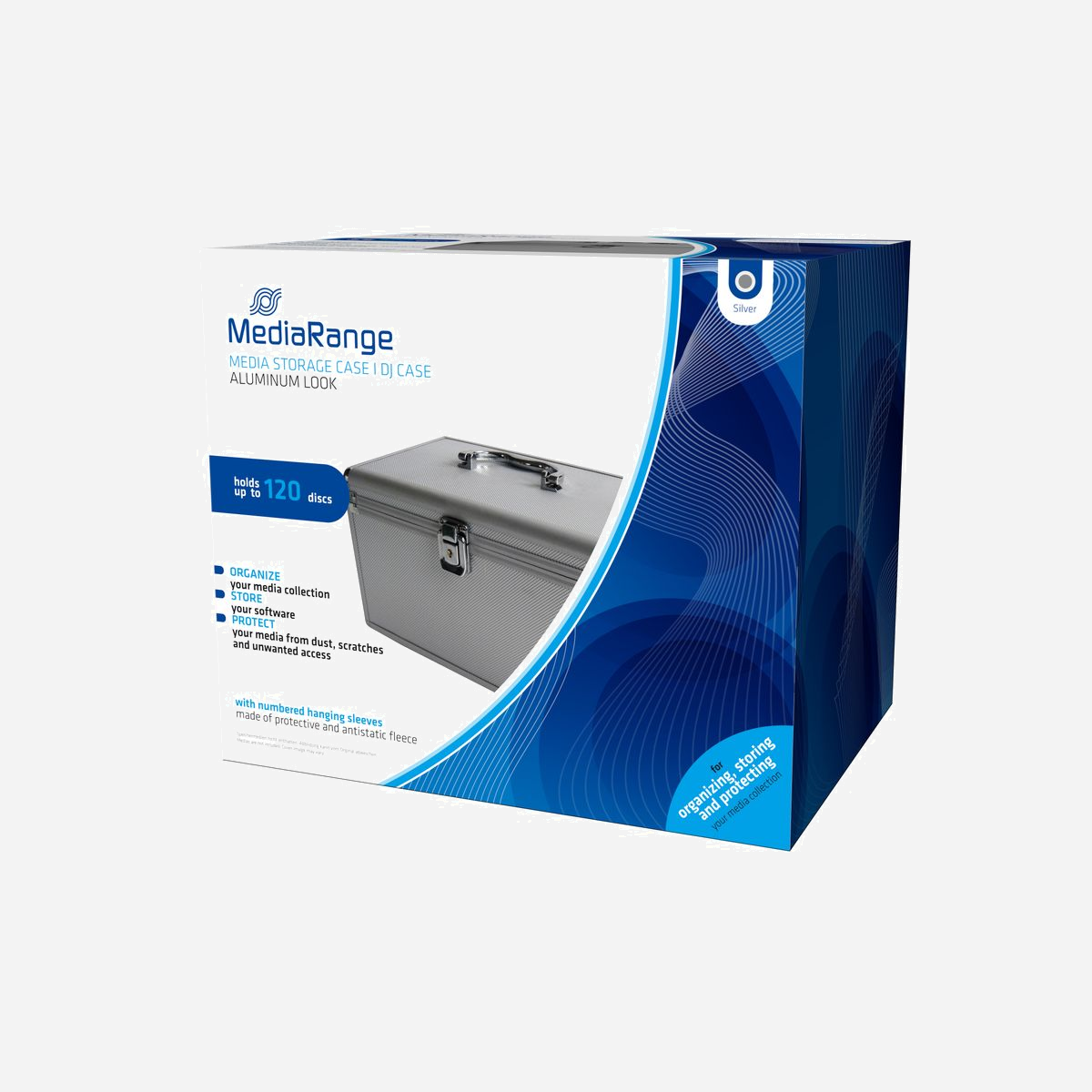 MediaRange BOX79 Caisse Rigide Argent pour 120 Disques Optiques (CD/DVD) 220x155x180mm avec Poignée Aluminium, Toison/Plastique/Bois, RoHS - MediaRange BOX79. Type d'étui: Caisse rigide, Capacité de CD: 120 disques, Couleur du produit: Argent. Largeur: 220 mm, Profondeur: 155 mm, Hauteur: 180 mm. Quantité: 1 pièce(s), Largeur du colis: 220 mm, Profondeur du colis: 155 mm. Largeur du casier principal (externe): 490 mm, Longueur du casier principal (externe): 370 mm, Hauteur du casier principal (externe): 620 mm