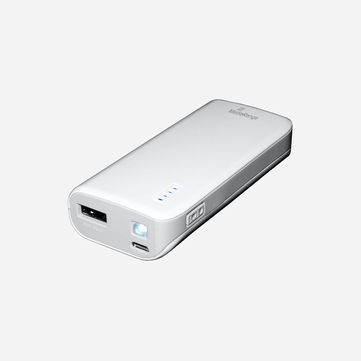 MediaRange MR751 Power Bank 5200mAh Li-Ion Gris/Blanc - 1x USB-A 2.1A, Recharge USB, Lampe LED, Protection Surcharge/Décharge, 40x90x22mm - MediaRange MR751. Capacité de la batterie: 5200 mAh, Technologie batterie: Lithium-Ion (Li-Ion). Ports de sortie USB de type A: 1. Courant de sortie: 2,1 A. Couleur du produit: Gris, Blanc
