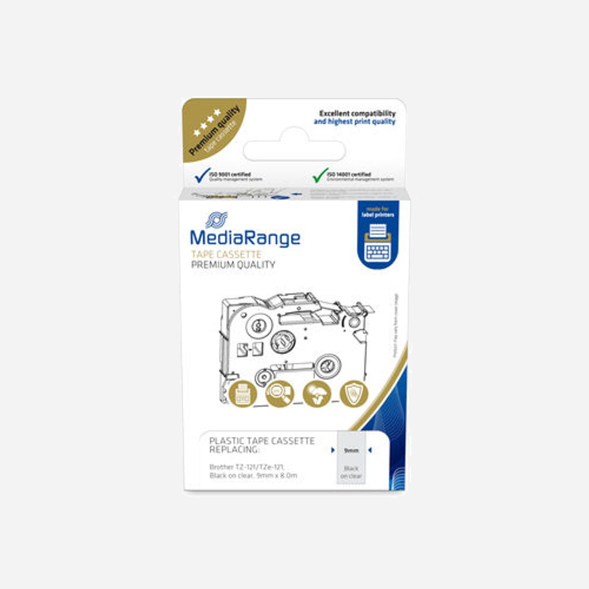 MediaRange MRBTZ121 Ruban Étiquette 9mm x 8m Noir sur Transparent, Type Continu, Plastique, Compatible Imprimantes Brother P-Touch (voir liste complète) - MediaRange MRBTZ121. Couleur d'étiquette: Noir sur transparent, Type: Étiquette en continu, Matériel: Plastique. Largeur de la bande: 9 mm, Longueur de la bande: 8 m