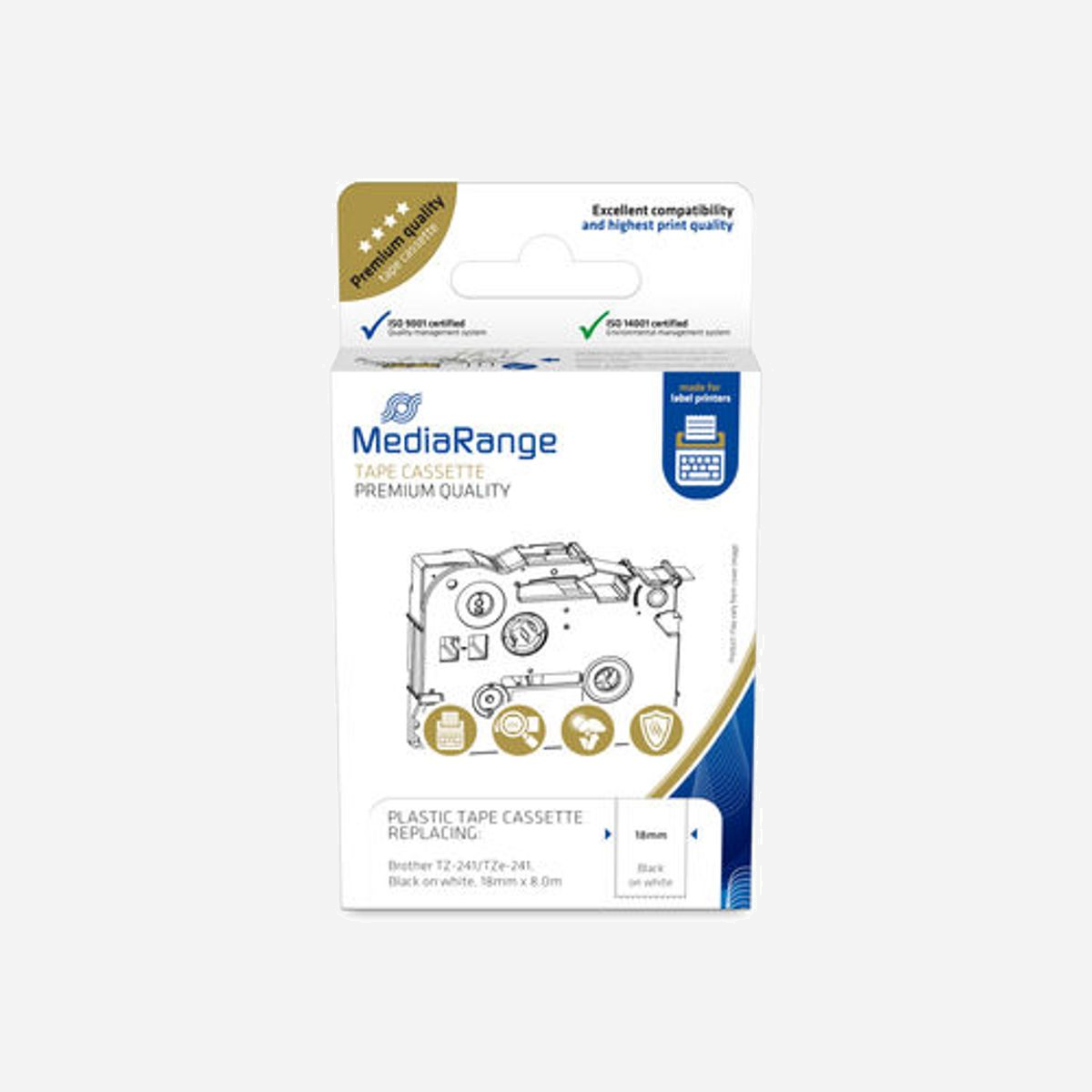 MediaRange MRBTZ241 Ruban Étiquette 18mm x 8m Noir sur Bleu, Plastique, Compatible Brother P-touch (700VP, etc.) Résistant aux intempéries. - MediaRange MRBTZ241. Couleur d'étiquette: Noir sur bleu, Type: Étiquette en continu, Matériel: Plastique. Largeur de la bande: 1,8 cm, Longueur de la bande: 8 m