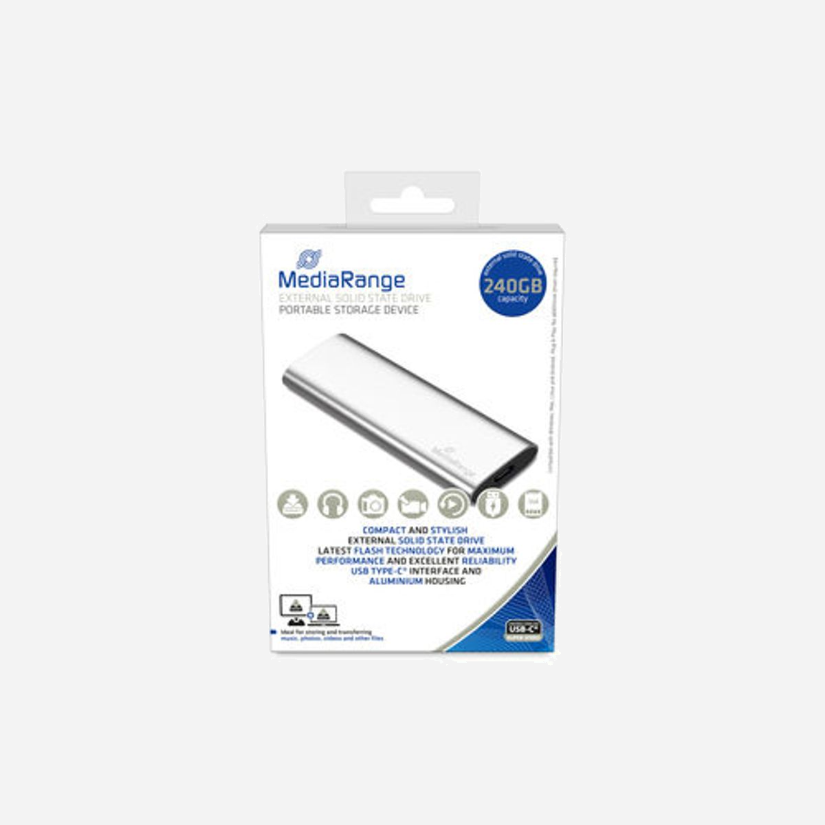 MediaRange MR1101 SSD Externe 240Go M.2 USB Type-C 3.2 Gen 2 Argent - Lecture 450Mo/s, Écriture 420Mo/s, Aluminium, 100x29.4x9mm - MediaRange MR1101. Capacité du Solid State Drive (SSD): 240 Go, Facteur de forme SSD: M.2. Connecteur USB: USB Type-C, Version USB: 3.2 Gen 2 (3.1 Gen 2). Vitesse de lecture: 450 Mo/s, Vitesse d'écriture: 420 Mo/s. Couleur du produit: Argent