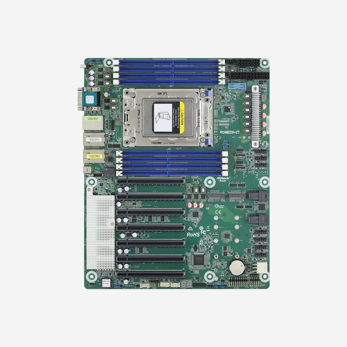 Asrock ROMED8-2T : Carte mère ATX Socket LGA 4094 AMD EPYC, 8 DDR4-SDRAM DIMM Octa-canal, M.2/SATA III, AST2500, 10 Gigabit Ethernet, Linux/Windows - Asrock ROMED8-2T. Fabricant de processeur: AMD, Socket de processeur (réceptable de processeur): LGA 4094, Processeurs compatibles: AMD EPYC. Types de mémoire pris en charge: DDR4-SDRAM, Type de support (slot): DIMM, Canaux de mémoire: Octa-canal. Interfaces de lecteur de stockage prises en charge: M.2, SATA III, Types de lecteurs de stockage pris en charge: HDD & SSD. Adaptateur graphique: AST2500. Type d'interface Ethernet: 10 Gigabit Ethernet, Contrôleur de réseau local (LAN): Realtek RTL8211E