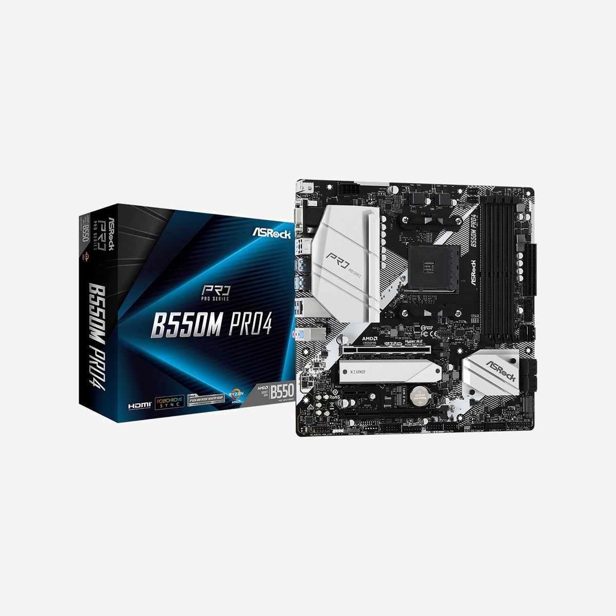 Asrock B550M Pro4 : Carte mère micro ATX AMD B550 Socket AM4, DDR4 128Go max 4733MHz, M.2, SATA III, Realtek ALC1200, Gigabit Ethernet - Asrock B550M Pro4. Fabricant de processeur: AMD, Socket de processeur (réceptable de processeur): Emplacement AM4, Processeurs compatibles: AMD Ryzen 3000 Series. Types de mémoire pris en charge: DDR4-SDRAM, Mémoire interne maximale: 128 Go, Type de support (slot): DIMM. Interfaces de lecteur de stockage prises en charge: M.2, SATA III, Types de lecteurs de stockage pris en charge: HDD & SSD, Niveaux RAID: 0, 1, 10. Technologie de Traitement en parallèle: CrossFireX, Quad-GPU CrossFireX, Résolution maximale: 5120 x 2880 pixels. Type d'interface Ethernet: Gigabit Ethernet, Contrôleur de réseau local (LAN): Realtek RTL8111H