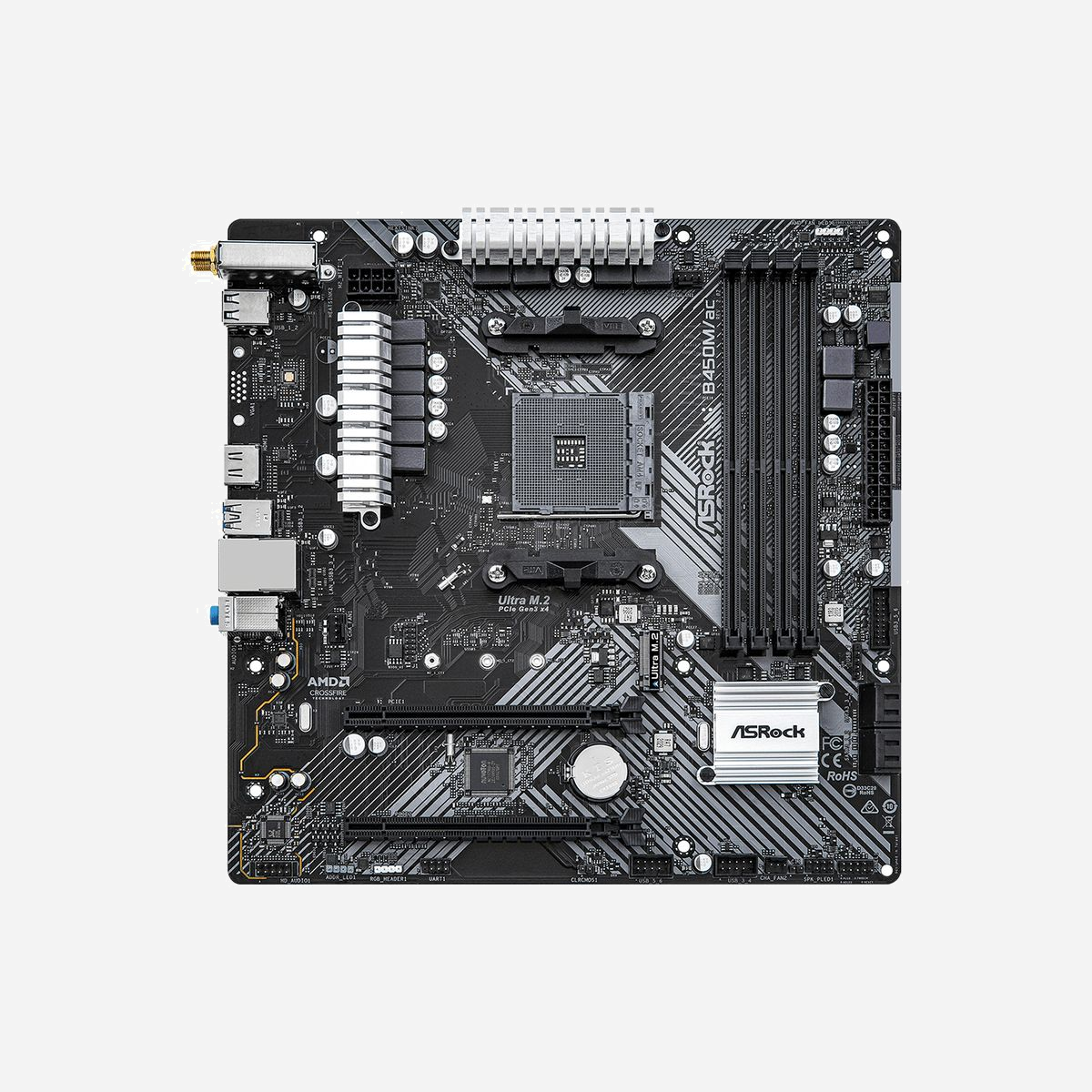 Carte mère Asrock B450M/ac R2.0 AMD B450 Socket AM4 Micro ATX, DDR4 128GB, SATA III, M.2 PCIe 3.0, Wi-Fi 5, Realtek ALC897, CrossFireX, USB 3.2 Gen 1 - Asrock B450M/ac R2.0. Fabricant de processeur: AMD, Socket de processeur (réceptable de processeur): Emplacement AM4, Processeurs compatibles: AMD Ryzen 2000 Series, AMD Ryzen 3000 Series, AMD Ryzen 4000 Series, AMD Ryzen 5000 Series. Types de mémoire pris en charge: DDR4-SDRAM, Mémoire interne maximale: 128 Go, Type de support (slot): DIMM. Interfaces de lecteur de stockage prises en charge: PCI Express 3.0, SATA III, Types de lecteurs de stockage pris en charge: HDD & SSD, Niveaux RAID: 0, 1, 10. Technologie de Traitement en parallèle: CrossFireX, Quad-GPU CrossFireX, Famille d'adaptateur graphique: AMD, Résolution maximale: 4096 x 2160 pixels. Connecteur USB: USB Type-A