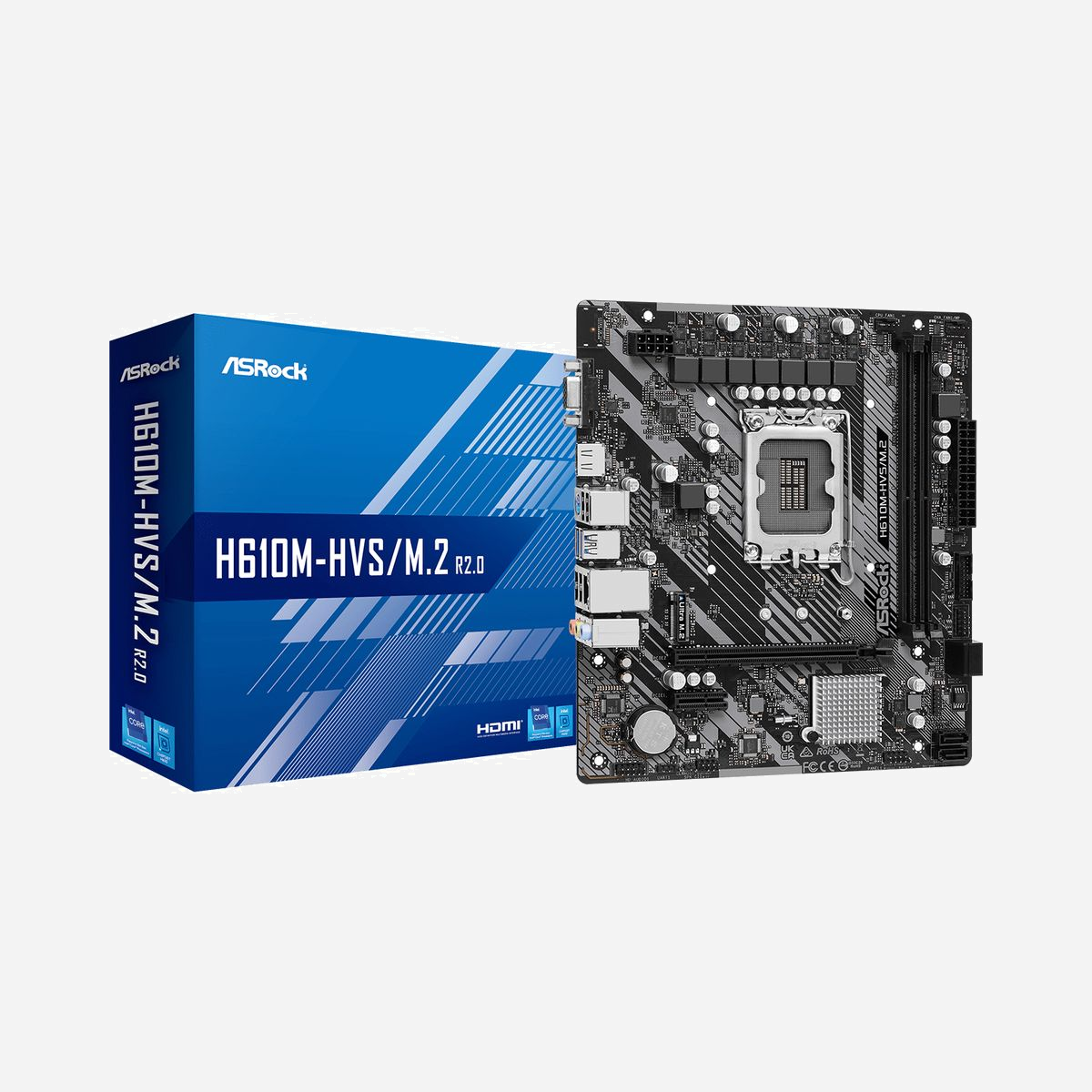 Asrock H610M-HVS/M.2 R2.0 - Carte mère micro ATX Intel H610, Socket LGA 1700, DDR4 64GB max, M.2, SATA III, Gigabit Ethernet, Realtek ALC897 - Asrock H610M-HVS/M.2 R2.0. Fabricant de processeur: Intel, Socket de processeur (réceptable de processeur): LGA 1700, Processeurs compatibles: Intel® Core™ i3, Intel® Core™ i5, Intel® Core™ i7. Types de mémoire pris en charge: DDR4-SDRAM, Mémoire interne maximale: 64 Go, Type de support (slot): DIMM. Interfaces de lecteur de stockage prises en charge: M.2, SATA III, Types de lecteurs de stockage pris en charge: HDD & SSD. Résolution maximale: 4096 x 2160 pixels. Type d'interface Ethernet: Gigabit Ethernet, Contrôleur de réseau local (LAN): Realtek RTL8111H