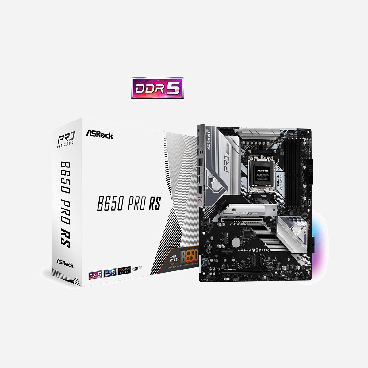 Asrock B650 Pro RS : Carte mère AMD B650 Socket AM5, DDR5, ATX, 128Go RAM max, M.2, SATA III, 2.5GbE, USB 3.2 Gen2, PCIe 4.0, Compatible AMD Ryzen 7000 Series - Asrock B650 Pro RS. Fabricant de processeur: AMD, Socket de processeur (réceptable de processeur): Emplacement AM5, Processeurs compatibles: AMD Ryzen 7000 Series. Types de mémoire pris en charge: DDR5-SDRAM, Mémoire interne maximale: 128 Go, Type de support (slot): DIMM. Interfaces de lecteur de stockage prises en charge: M.2, SATA III, Types de lecteurs de stockage pris en charge: HDD & SSD, Niveaux RAID: 0, 1, 10. Type d'interface Ethernet: 2.5 Gigabit Ethernet, Contrôleur de réseau local (LAN): Dragon RTL8125BG. composant pour: PC, Elément de forme de carte mère: ATX, famille de composant de produits: AMD