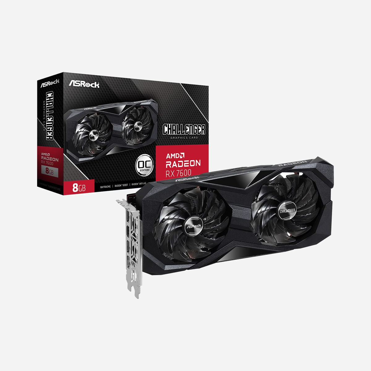 Asrock Challenger Radeon RX 7600, 8 Go GDDR6, Fréquence GPU 1770 MHz, Boost 2695 MHz, PCI Express x8 4.0, DisplayPort 1.4a, HDMI 2.1 - Asrock Challenger 90-GA41ZZ-00UANF. Processeur graphique famille: AMD, Processeur graphique: Radeon RX 7600, Fréquence du processeur: 1770 MHz. Mémoire carte graphique distincte: 8 Go, Type de mémoire de l'adaptateur graphique: GDDR6, Mémoire Bus: 128 bit. Résolution maximale: 7680 x 4320 pixels. Version DirectX: 12 Ultimate, Version OpenGL: 4.6. Type d'interface: PCI Express x8 4.0. Type de refroidissement: Actif, Nombre de ventilateurs: 2 ventilateur(s)