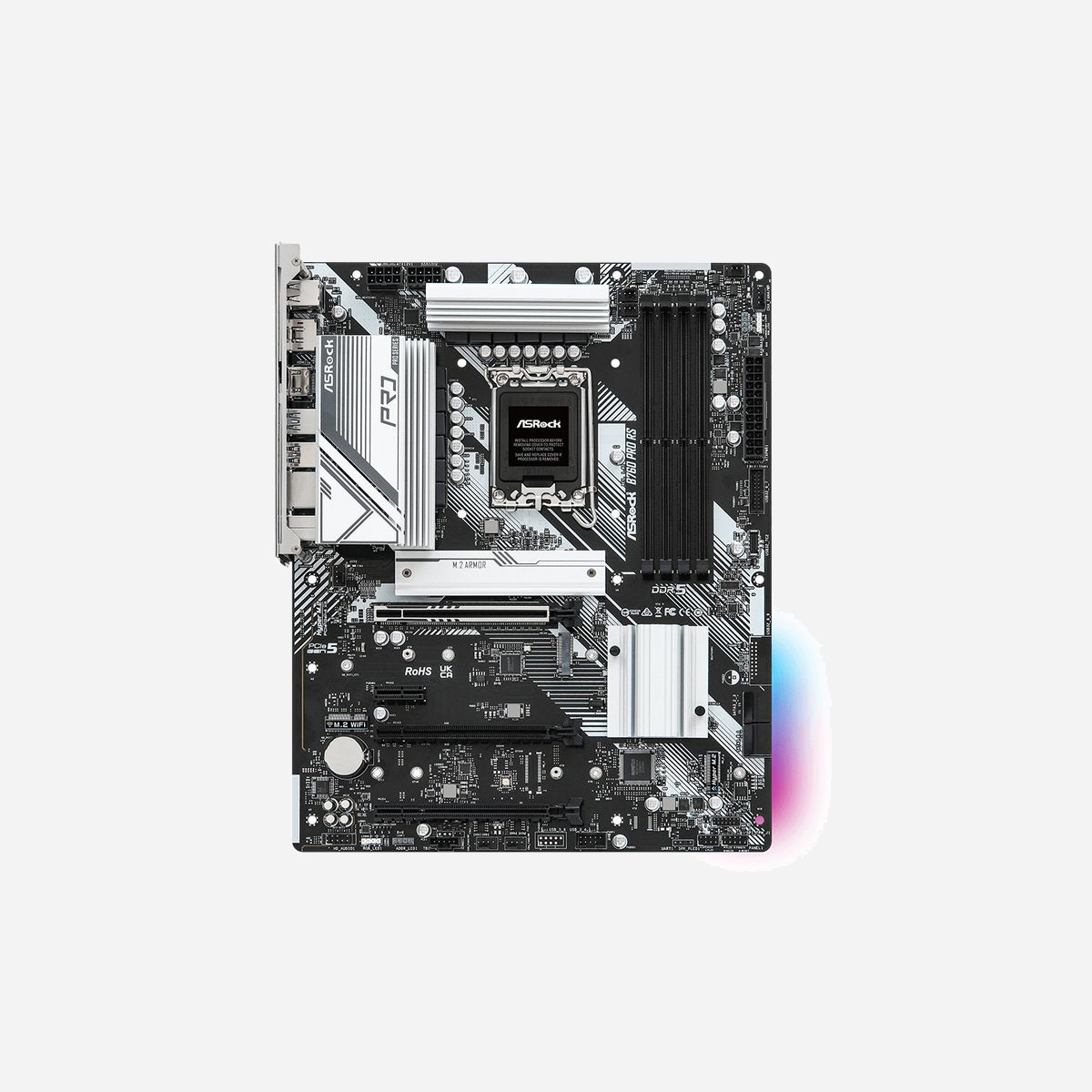Asrock B760 PRO RS - Carte mère ATX - Socket LGA 1700 - Intel B760 - DDR5 - M.2 PCIe 4.0 - 2.5GbE LAN - Realtek ALC897 - RAID 0/1/5/10 - Asrock B760 PRO RS. Fabricant de processeur: Intel, Socket de processeur (réceptable de processeur): LGA 1700, Processeurs compatibles: Intel® Core™ i3, Intel® Core™ i5, Intel® Core™ i7, Intel® Core™ i9. Types de mémoire pris en charge: DDR5-SDRAM, Mémoire interne maximale: 128 Go, Type de support (slot): DIMM. Interfaces de lecteur de stockage prises en charge: M.2, PCI Express 4.0, SATA III, Types de lecteurs de stockage pris en charge: SSD, Niveaux RAID: 0, 1, 5, 10. Famille d'adaptateur graphique: Intel, Modèle d'adaptateur graphique inclus: Intel Iris Xe Graphics. Type d'interface Ethernet: 2.5 Gigabit Ethernet, Contrôleur de réseau local (LAN): Realtek RTL8125-BG